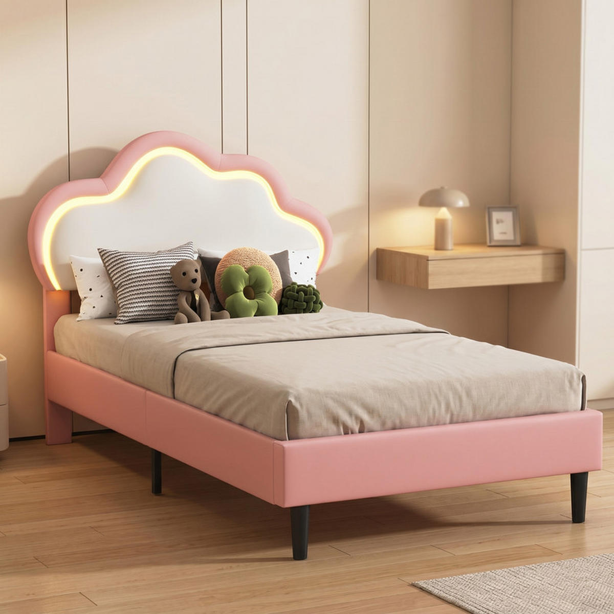 KINDERBETT 90/200 cm rosa mit LED und Wolkenkopfteil - Rosa, Holz - SHOPENTRA
