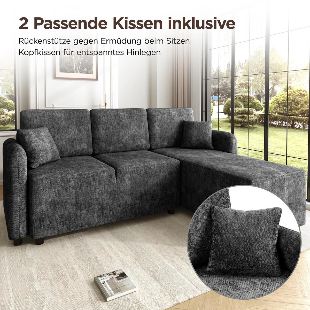 ECKSOFA 187.5/144/85.5 cm Schwarz Chenille mit 2 Kissen - Schwarz, Kunststoff/Textil (187.5/144cm) - Oxeza