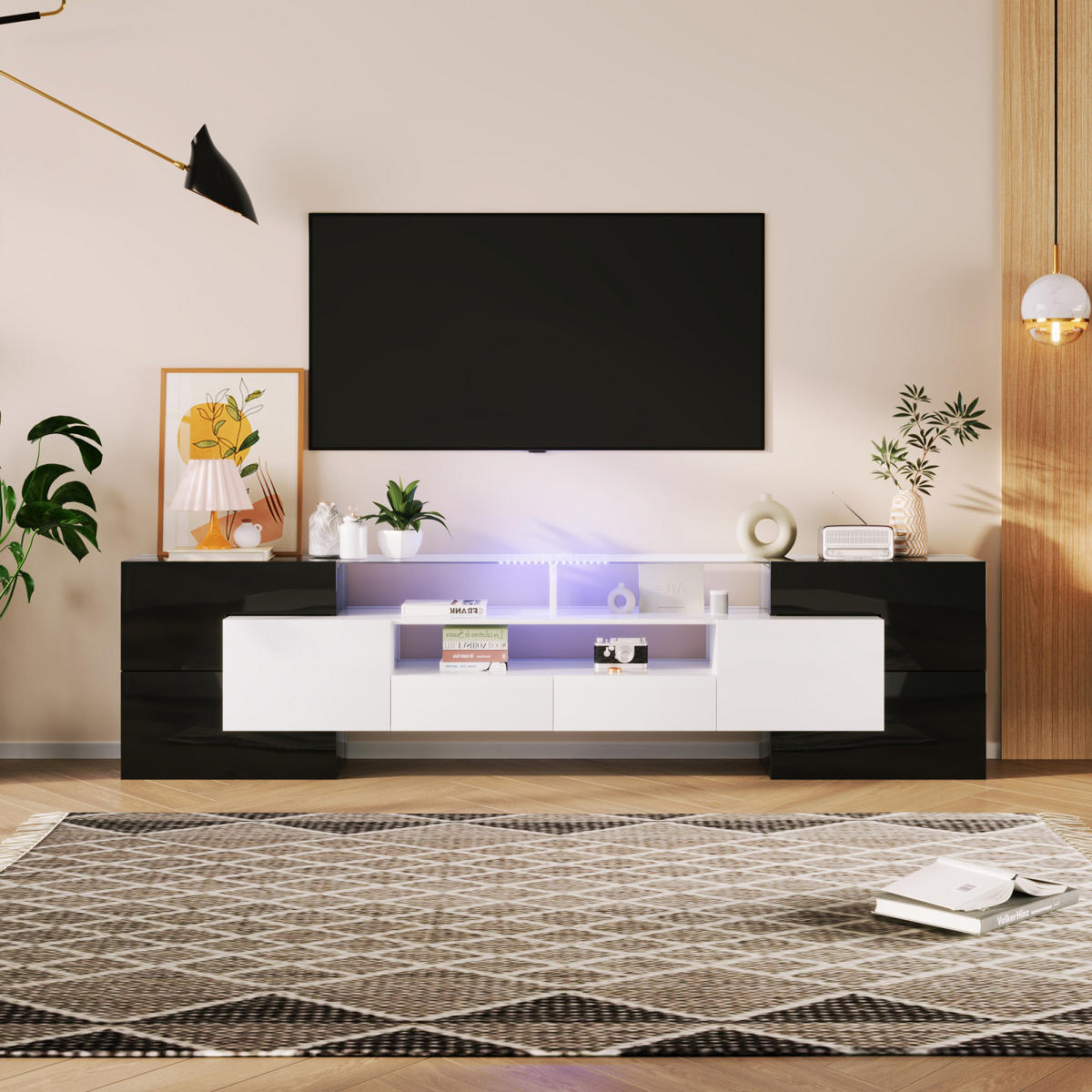 TV Lowboard LED 200 cm, Glasoberfläche, Schwarz - Schwarz, Holz (200/60/30cm)