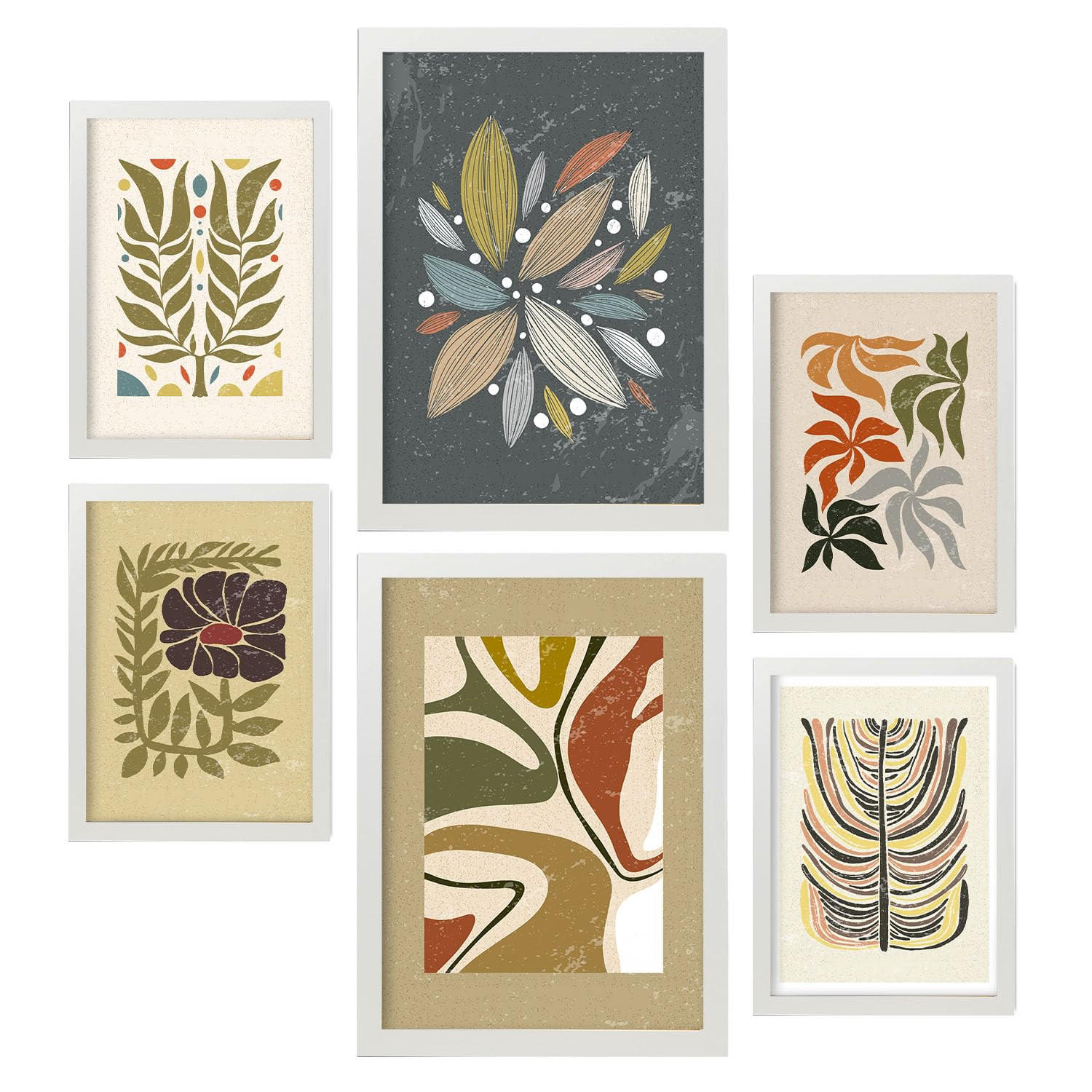 POSTER Set Mit 6 Drucken Von Pflanzen Im Ethnischen Drucker Sammlung Dekorative Rahmen Für Ihr Wohnzimmer Zuhause Wandkunstdruck A3 & A4 Weißer Rahmen - Weiß, Papier (29/3cm) - Nacnic