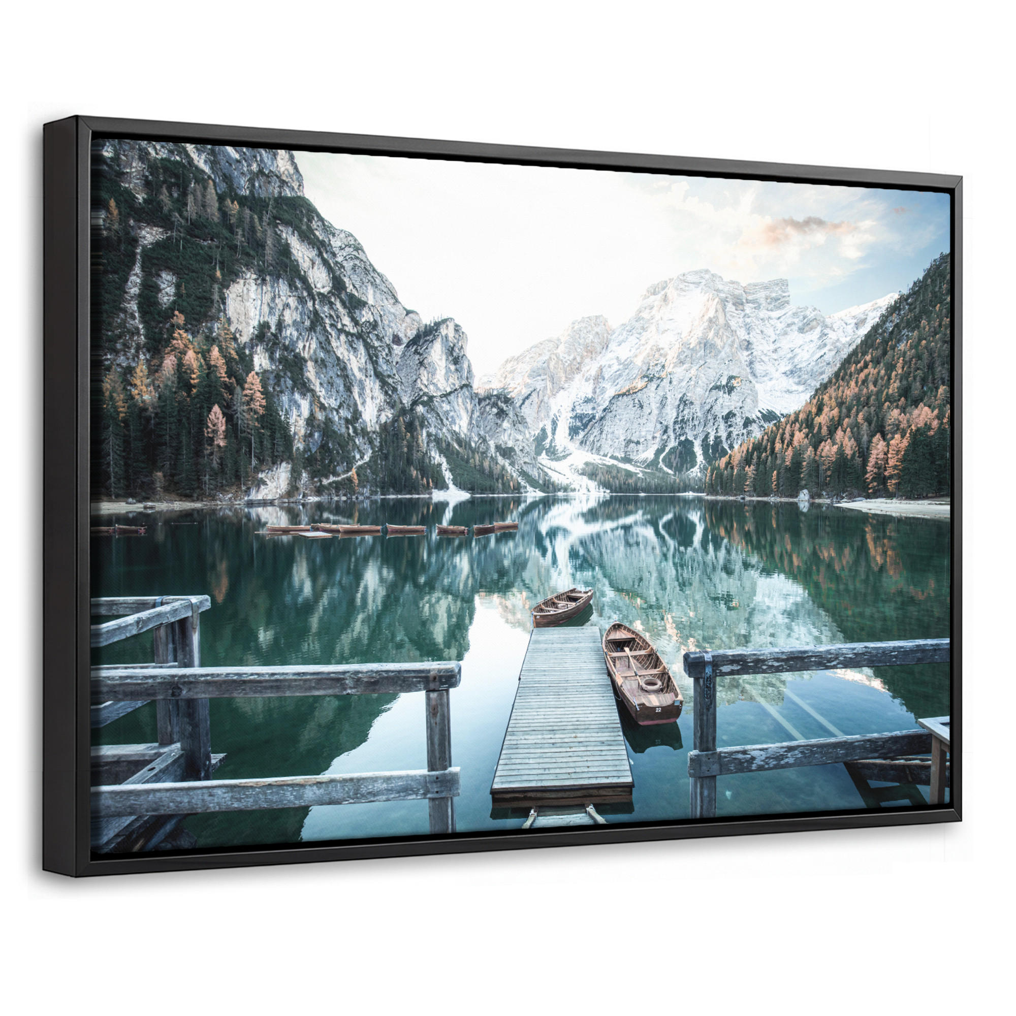 LEINWAND Bilder mit Rahmen - Natur - Berge - Schnee - Wald - Boot - 30x20 - Hellgrün, Textil (30/20cm) - MuchoWow