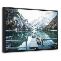 LEINWAND Bilder mit Rahmen - Natur - Berge - Schnee - Wald - Boot - 60x40 - Hellgrün, Textil (60/40cm) - MuchoWow