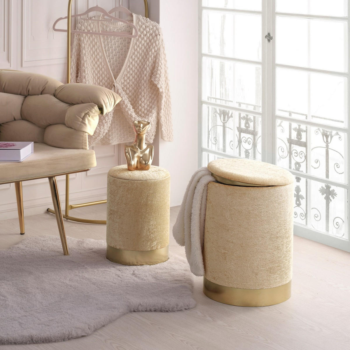 HOCKER mit Stauraum 25/25/36 cm - Beige, Textil (25/36/35cm) - Calicosy