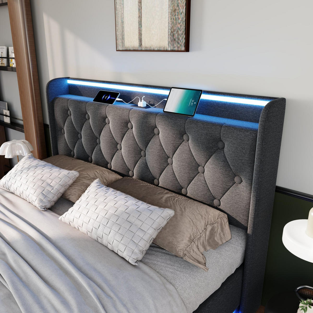 OBLAZINJENA postelja 160/200 cm z LED osvetlitvijo, USB in priključkom Type-C ter hidravličnim shranjevanjem, Siva - siva, tekstil (160/200cm) - Redom