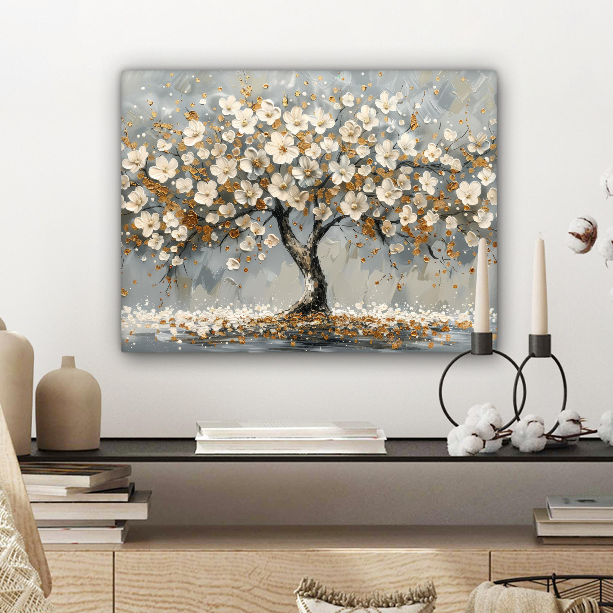LEINWANDBILD Baum - Blumen - Weiß - Natur - Kunst 40x30 cm - Weiß, Textil (40/30cm) - MuchoWow