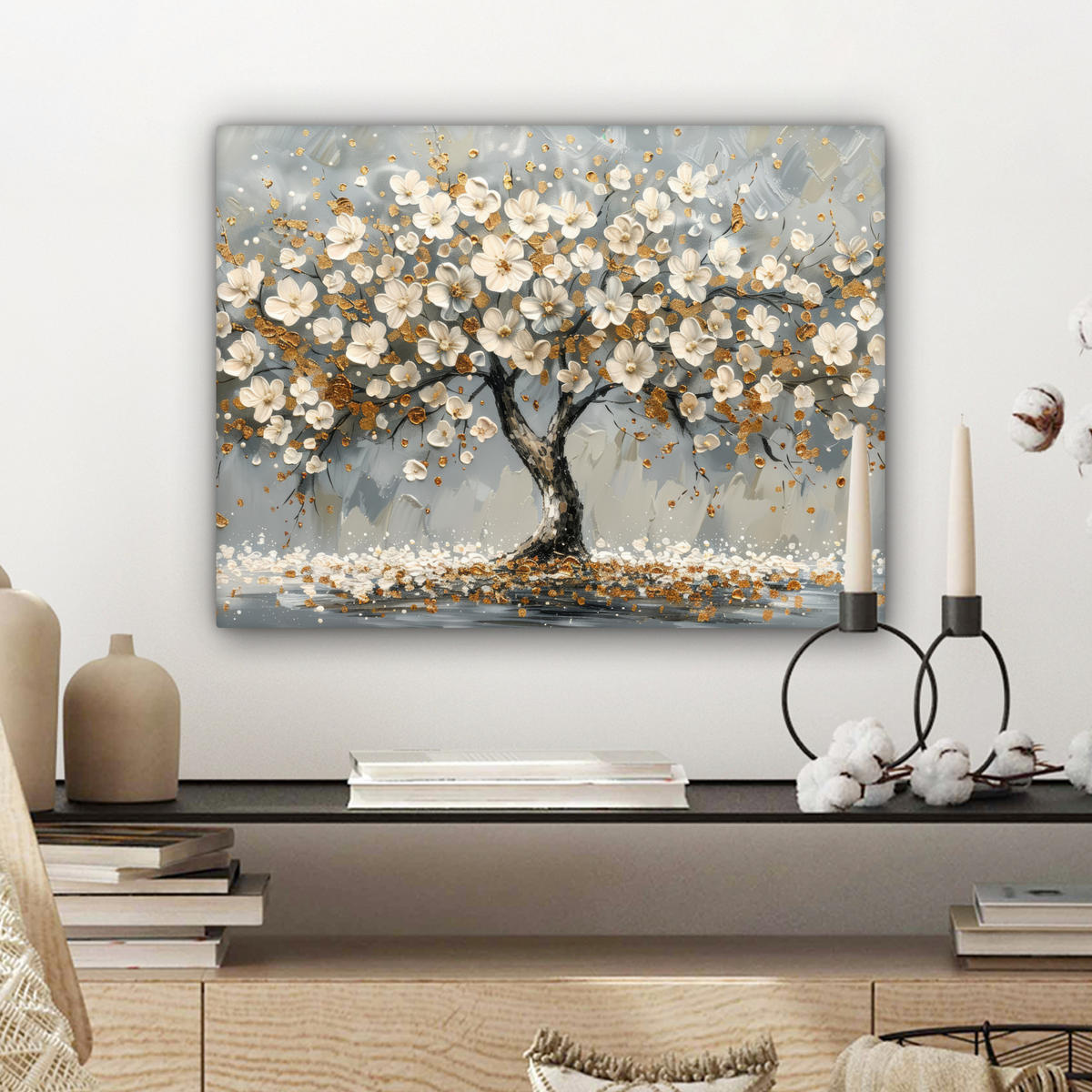 LEINWANDBILD Baum - Blumen - Weiß - Natur - Kunst 40x30 cm - Weiß, Textil (40/30cm) - MuchoWow