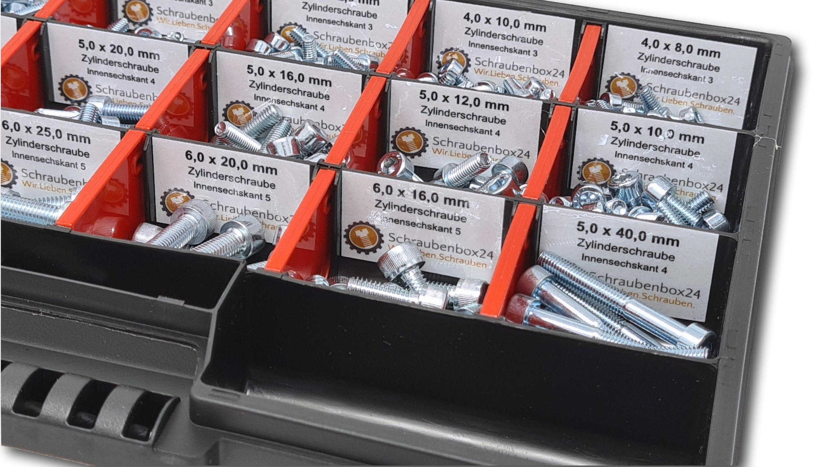 ZYLINDERSCHRAUBEN Sortiment M4-M5-M6 // 8mm-40mm 375 tlg. Schraubenbox DIN 912 / ISO 4762 - Zinkfarben, Metall (3.5cm) - Schraubenbox24