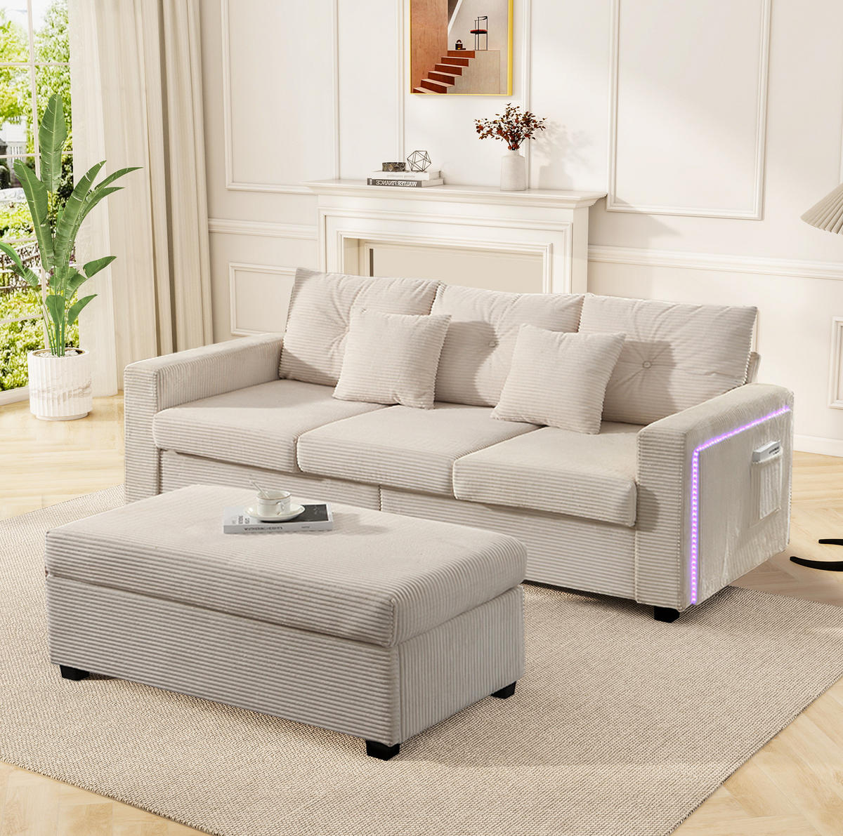ECKSOFA 184/182,5/85,5 cm beige aus Cordstoff mit LED-Beleuchtung und flexiblem Hocker - Beige, Kunststoff (84.5/184cm) - OKWISH