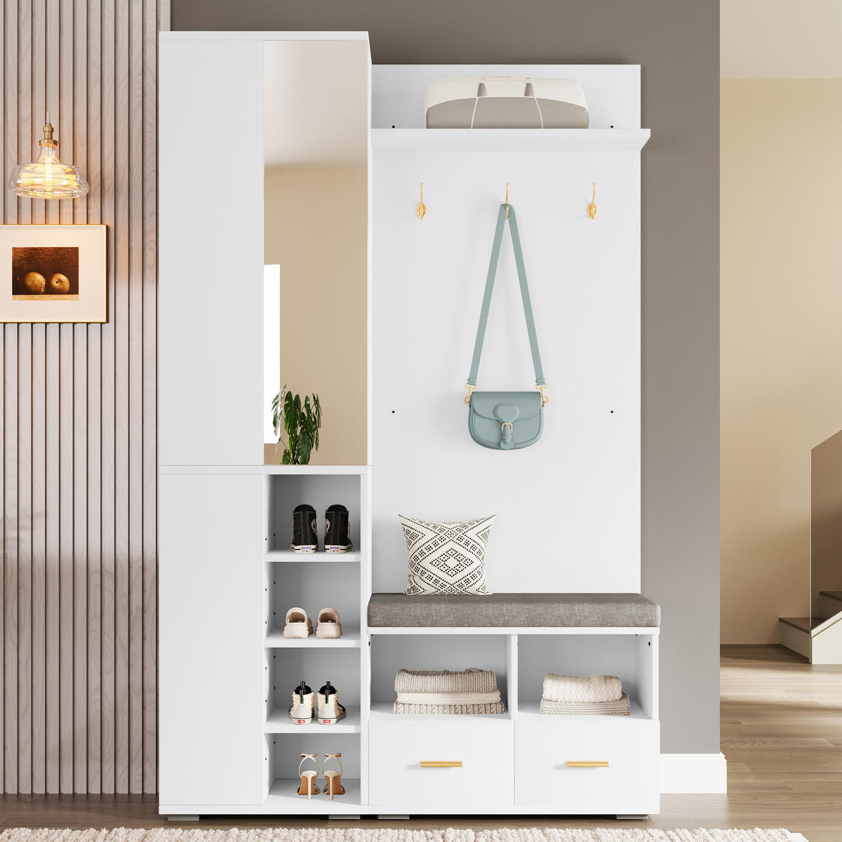 GARDEROBENSET, Spiegel, Schuhbank, 3 Haken, Weiß, 120x35x190cm - Weiß, Holzwerkstoff (35/190/120cm) - FLIEKS