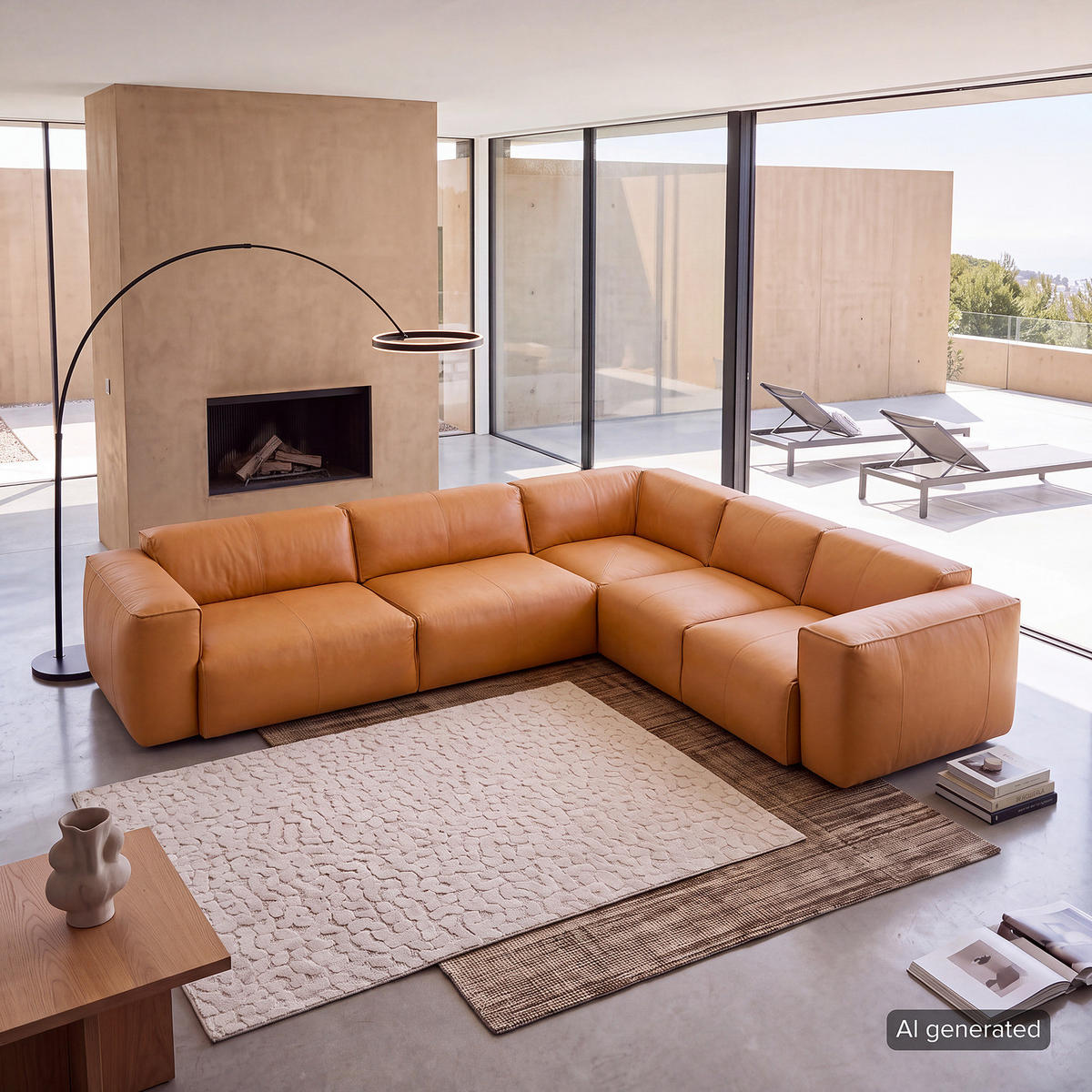 ECKSOFA mit Rundecke - Cognac/Schwarz, Leder/Kunststoff (325/260cm) - home24