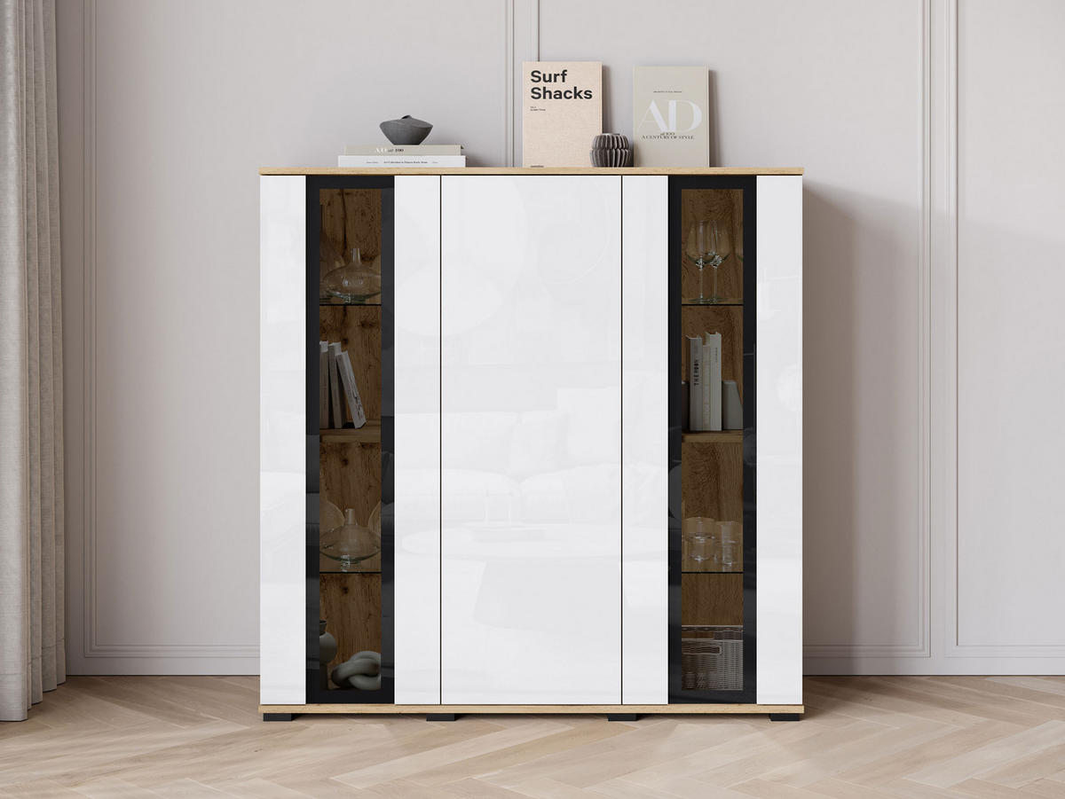 KOMMODE Caro HB 120 - Eiche Wotan/Schwarz, Holzwerkstoff/Kunststoff (120/122/40cm) - MIRJAN24