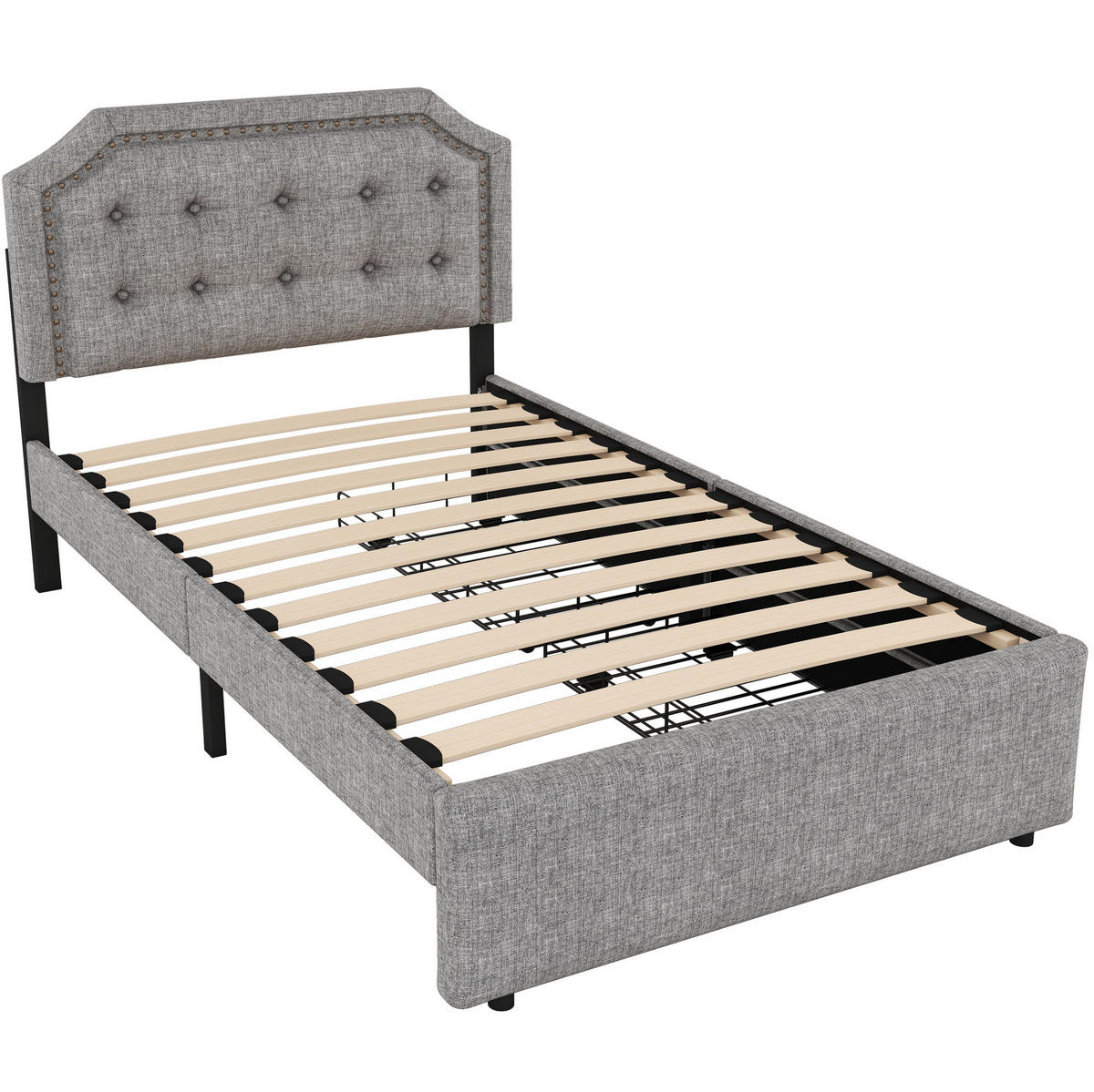 BETT gepolstert mit 2 Schubladen 90x200 cm Leinen Grau - Dunkelgrau, Metall (90/200cm) - Meubliv