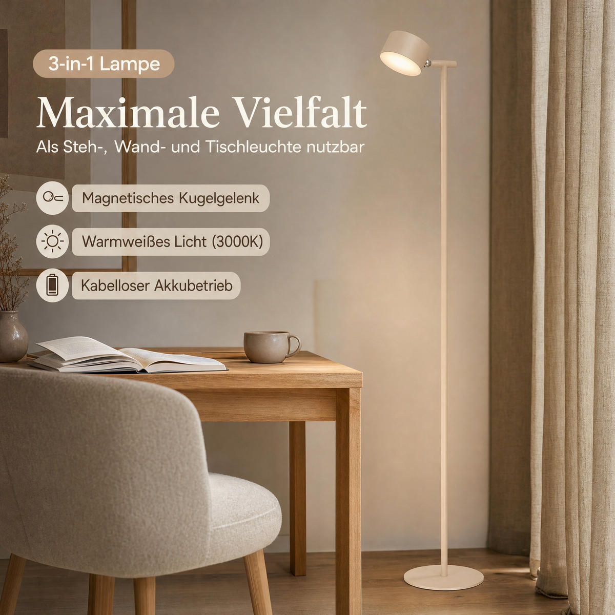 LED-AKKU-STEHLEUCHTE 3 in 1 Schwarz Beige bis zu 120 cm Metall - Beige, Metall (16/16/120cm) - Northpoint