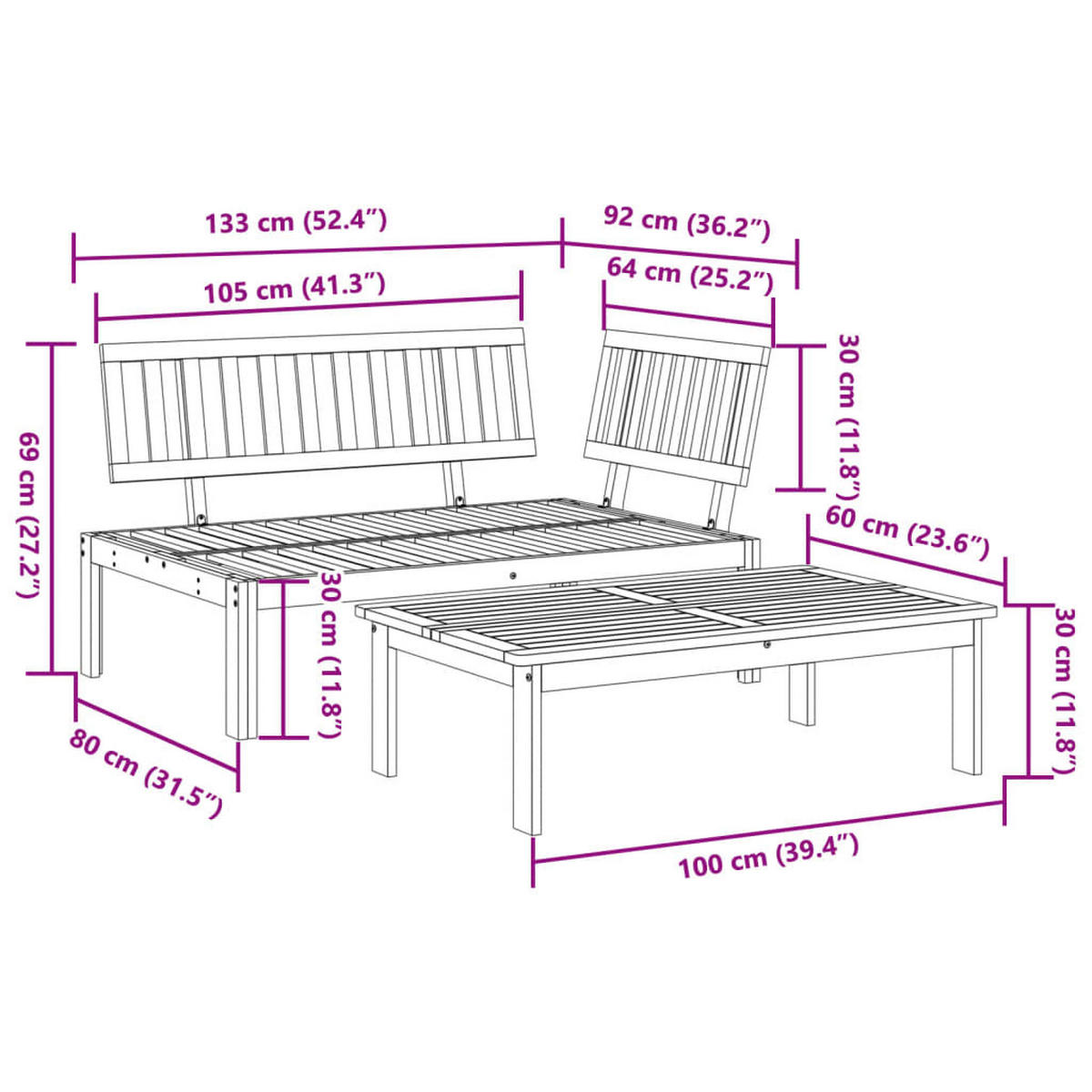 GARTEN-SOFAGARNITUR 2-TLG. Aus Paletten Massivholz Akazie - Braun, Holz (92/69/133cm) - vidaXL