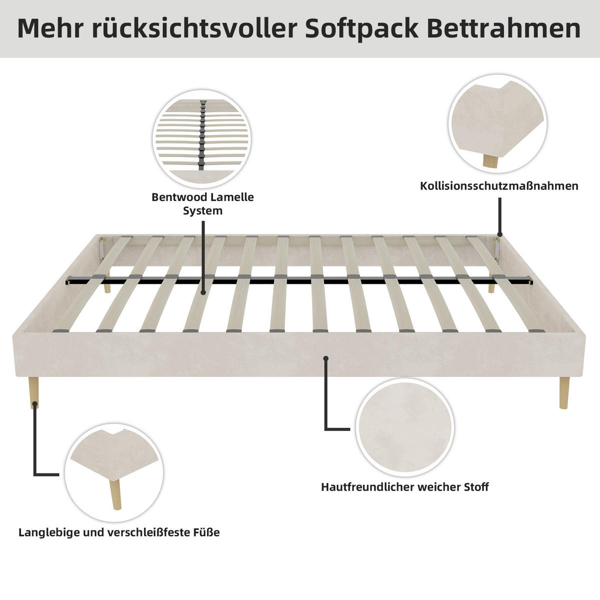 POLSTERBETT 140x200 cm niedrig ohne Stauraum beige - Beige, Textil (140/200cm) - LEBENLANG