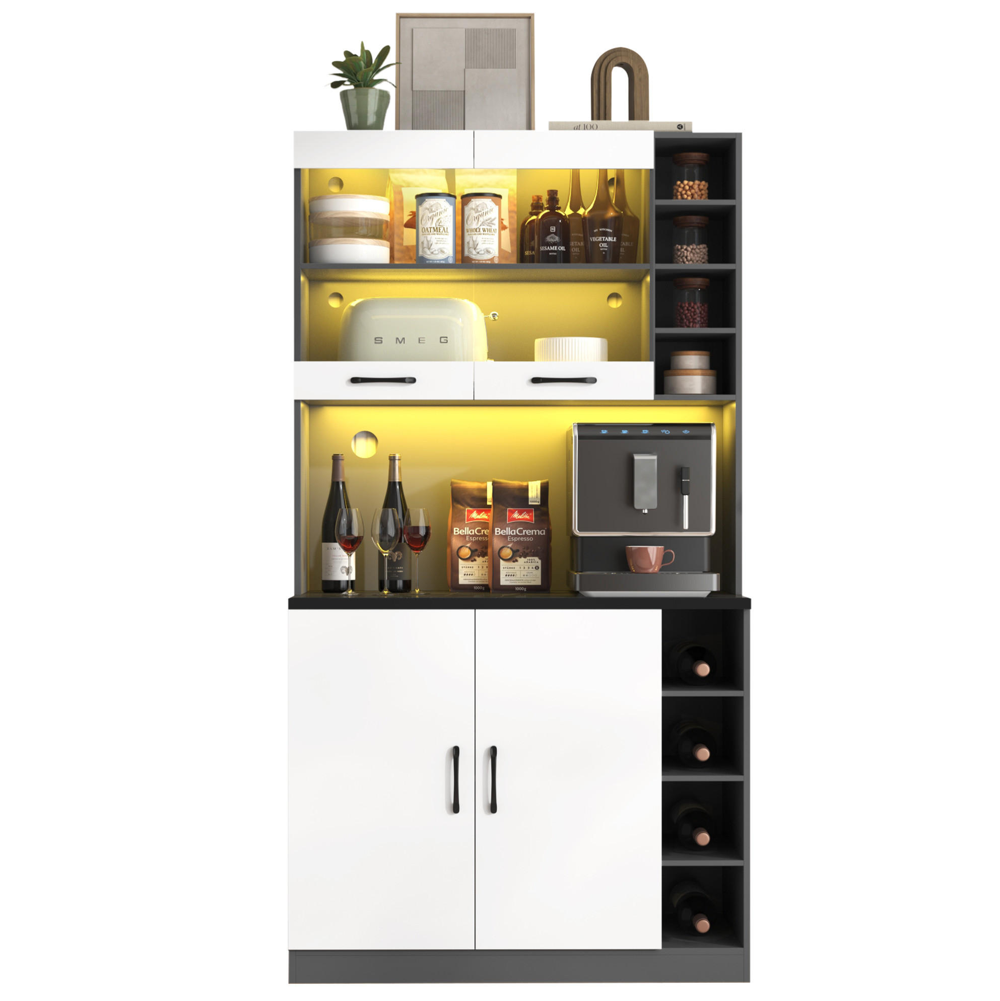Modfu KUCHYŇSKÁ skříň z MDF 100x47x187 cm bílo-šedá s LED osvětlením, prostorem na mikrovlnku a nastavitelnými policemi