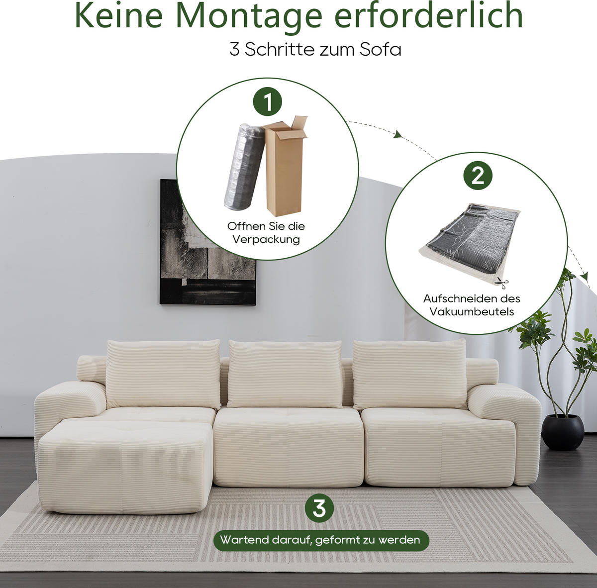 ECKSOFA 305/154/69 cm Weiß Cord mit 1 Fußhocker - Weiß, Textil (305/154cm) - Oxeza