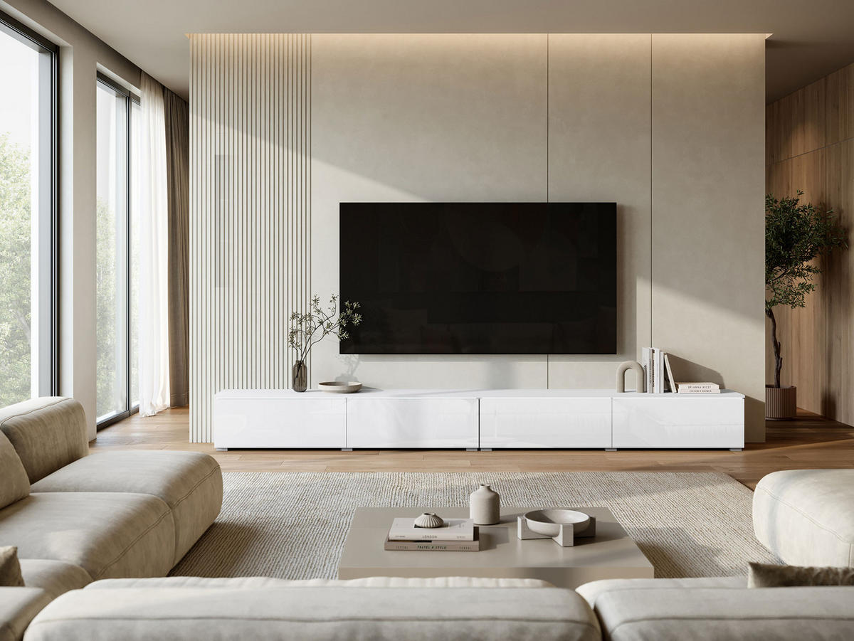 TV-LOWBOARD D300 mit weißer LED Beleuchtung - Weiß Hochglanz/Silberfarben, Holzwerkstoff/Kunststoff (300/30/33cm) - MIRJAN24