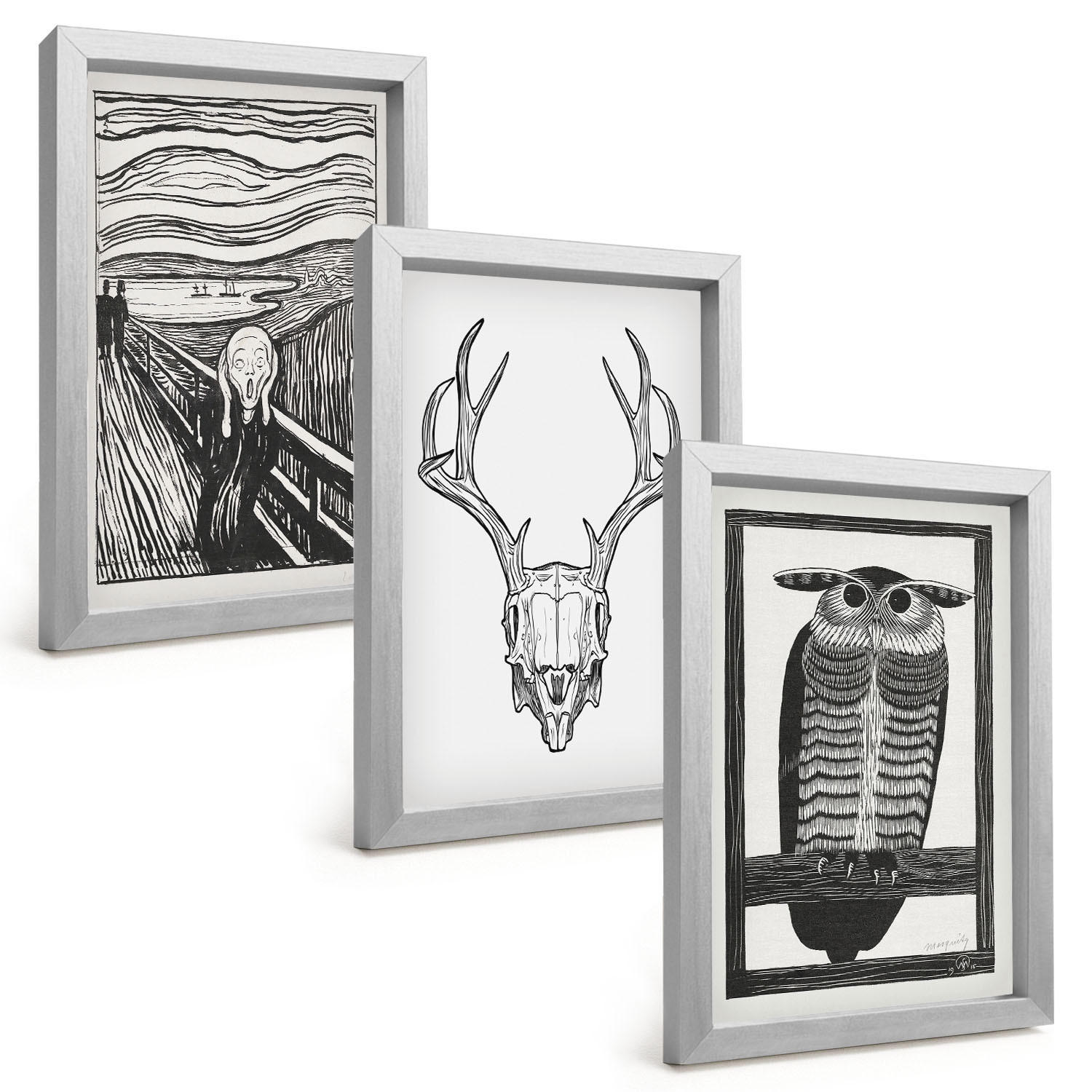 BILDER SET 3er Set - 20x30 cm Silberner Rahmen - Grafiken mit schreiendem Totenkopf-Eulen - Silberfarben, Kunststoff (20/30cm) - TULUP