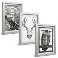 BILDER SET 3er Set - 20x30 cm Silberner Rahmen - Grafiken mit schreiendem Totenkopf-Eulen - Silberfarben, Kunststoff (20/30cm) - TULUP