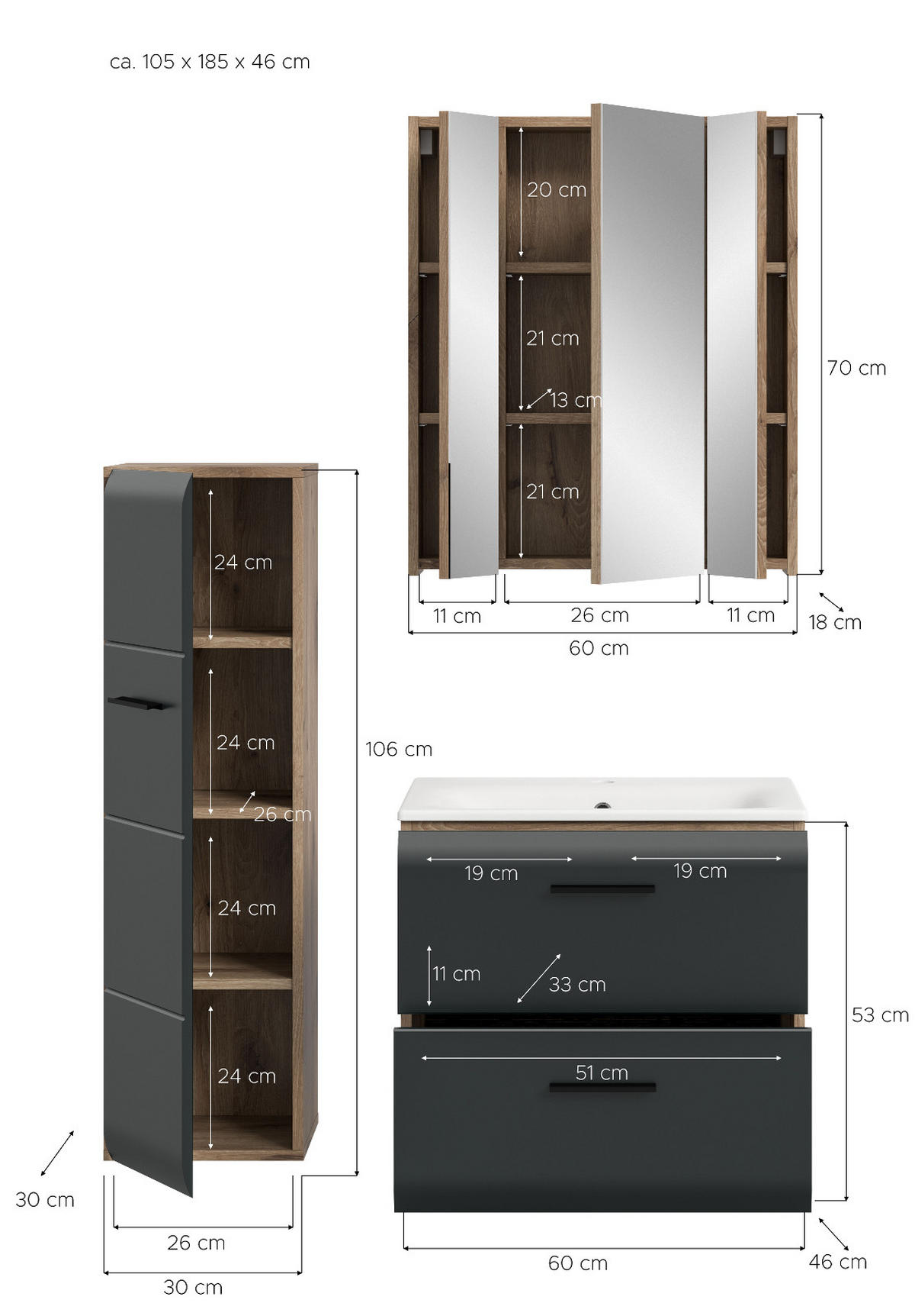 BADMÖBEL Set 3-teilig in schwarz matt und Eiche, Badezimmer komplett mit Waschbecken, 105 x 185 cm Cover - Eichefarben/Schwarz, Glas/Holzwerkstoff (105/185/46cm) - Inn.Furn
