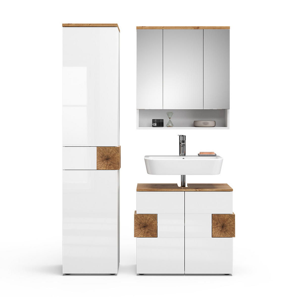 BADMÖBEL-SET Eden Weiß 3 Teile, mit Hochschrank - Weiß Hochglanz, Holzwerkstoff (73/64/37cm) - Vicco