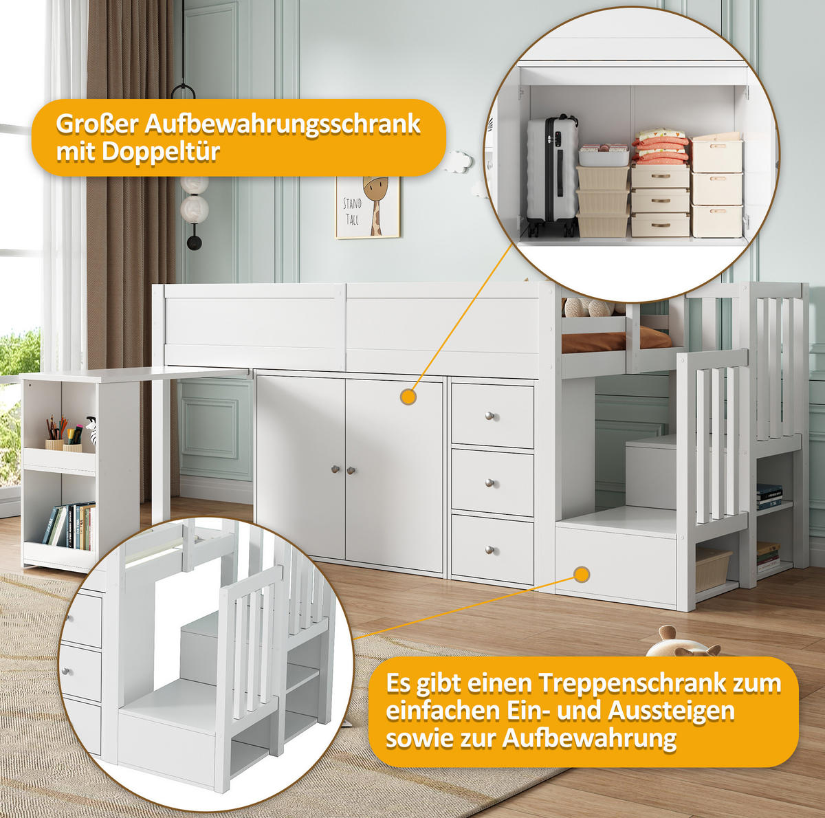 PATROVÁ postel 90/200 cm bílá z MDF s psacím stolem a úložným prostorem - bílá, kompozitní dřevo (90/200cm) - OKWISH