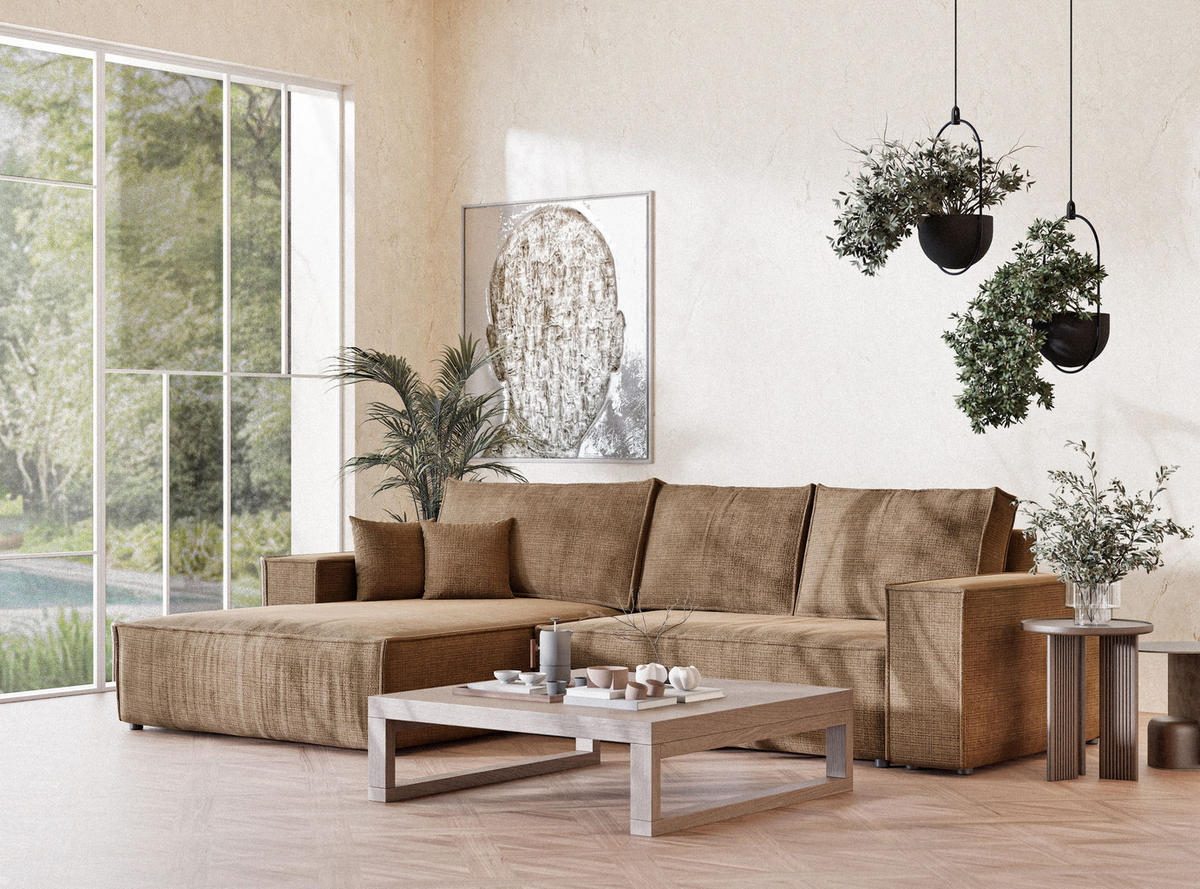 ECKSOFA Maze Hellbraun Chenille-Stoff - Links Seite - Hellbraun/Schwarz, Holz/Holzwerkstoff (185/294cm) - Maison de Reve