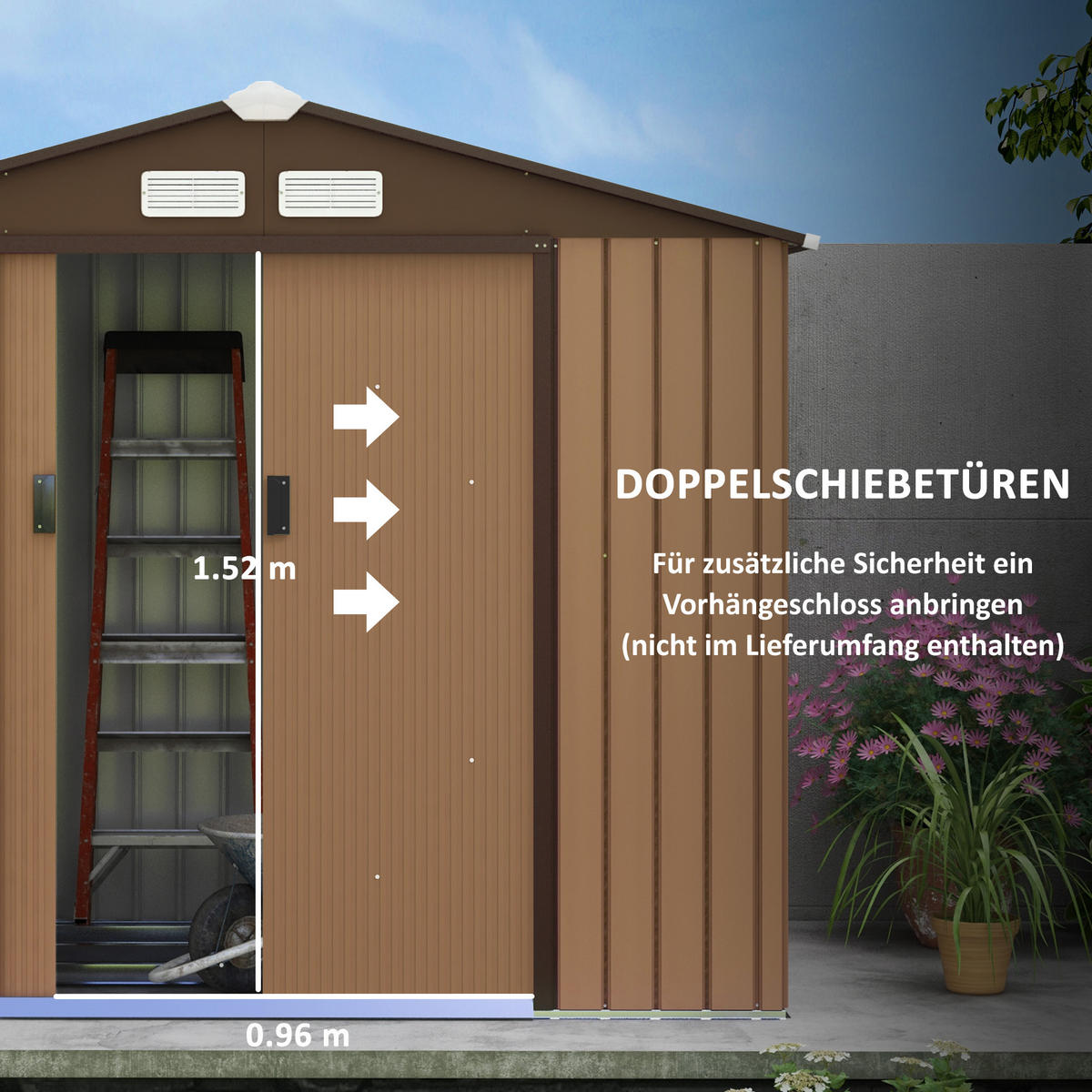 GERÄTEHAUS 213/130/185 cm Braun mit Schiebetüren und Fundamente - Braun, Metall (130/185/213cm) - Oxeza