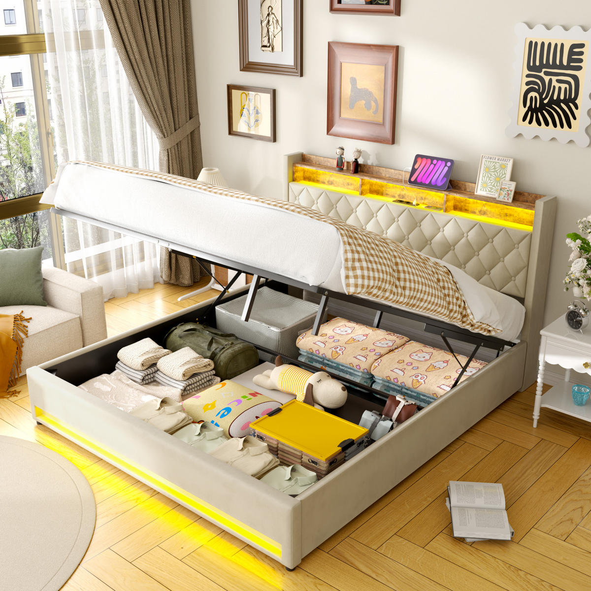 POLSTERBETT 180/200 cm Beige mit LED-Lichtleiste und USB-Anschlüssen - Beige, Holzwerkstoff (180/200cm) - OKWISH