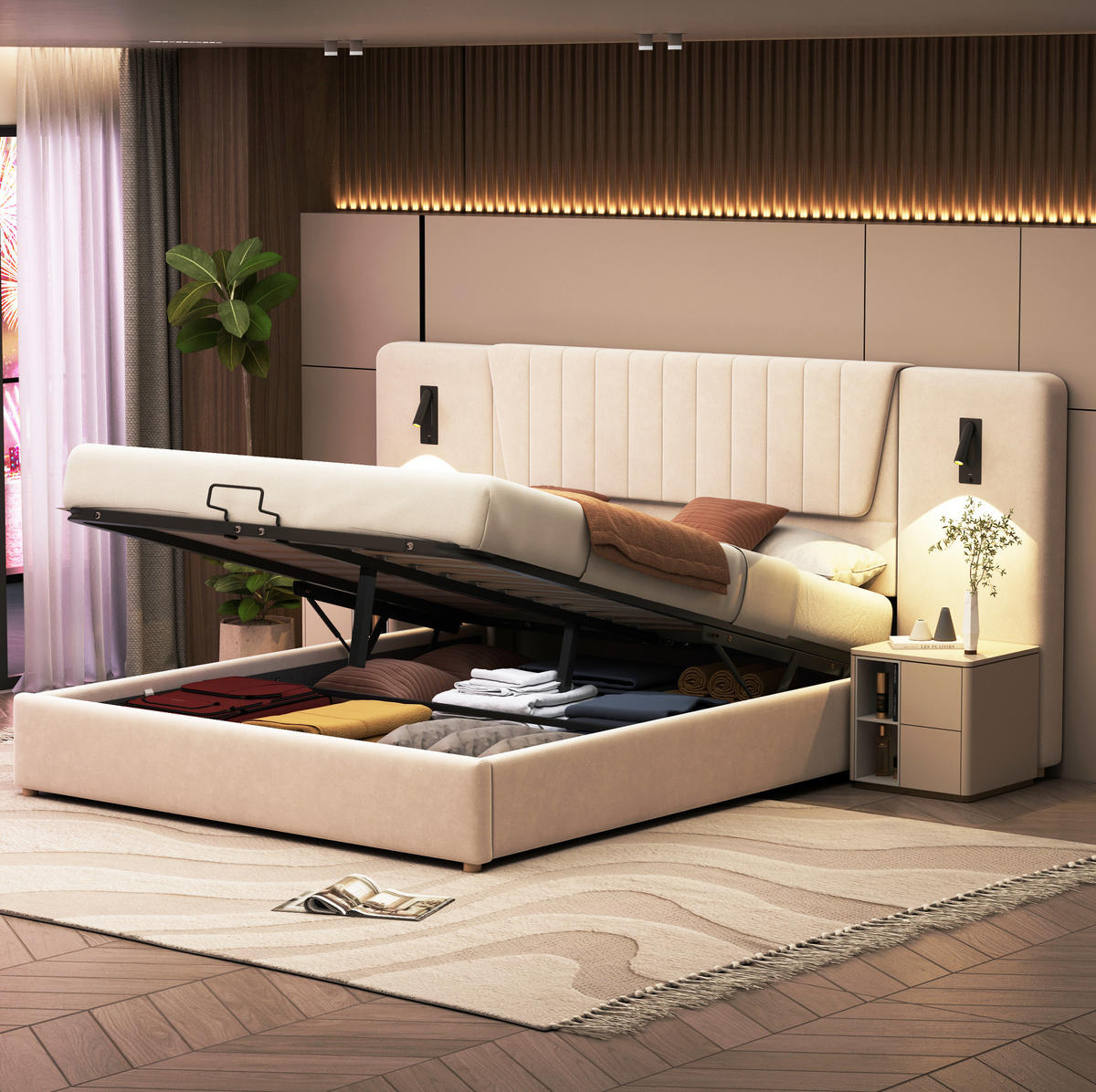 POLSTERBETT 180/200 cm in Beige mit Stauraum, Leselampen und USB-Anschlüssen - Beige, Textil (180/200cm) - Flora Grace