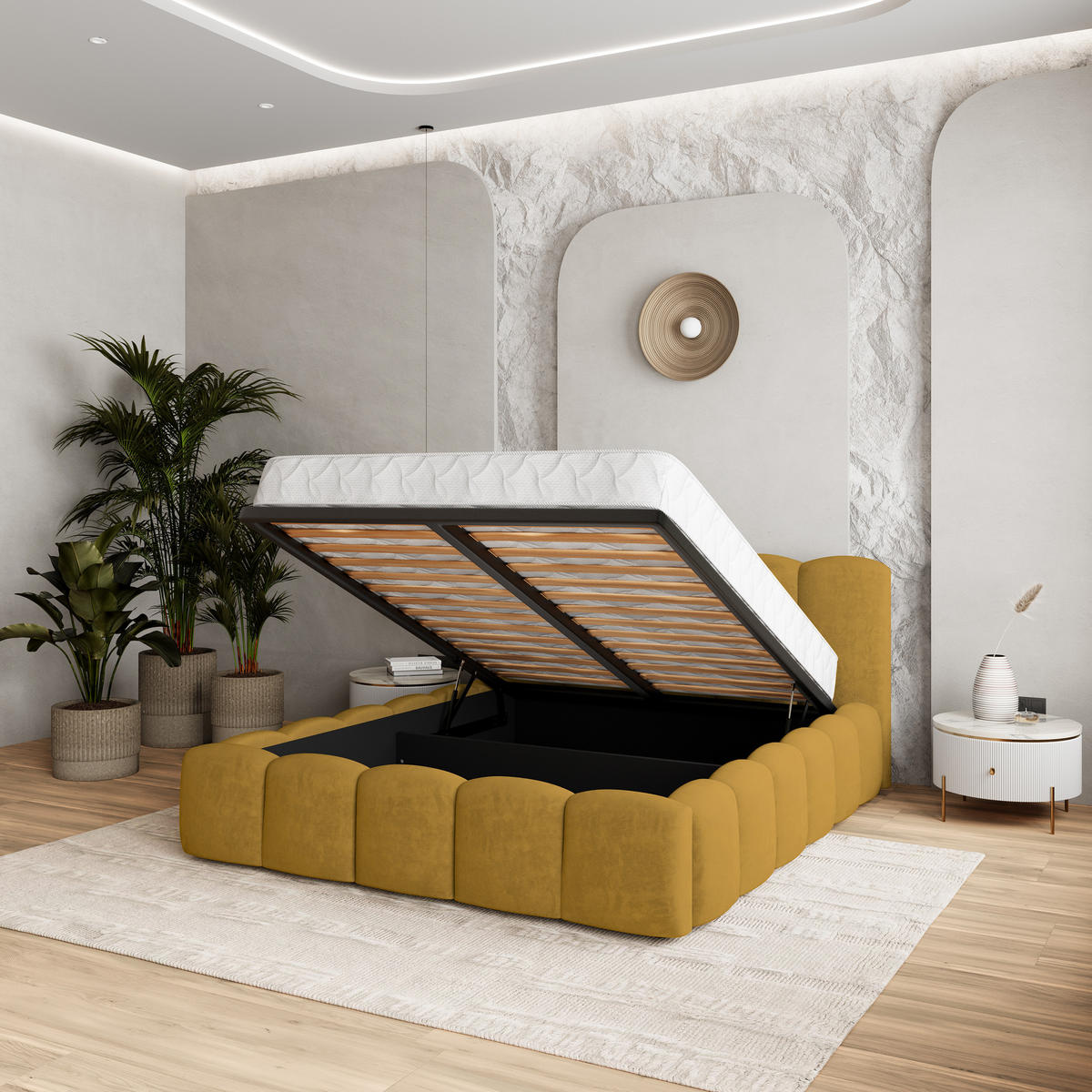 POLSTERBETT FALINA 160x200 cm mit Bettkästen - Gelb - Gelb, Holz (160/200cm) - MASSENO