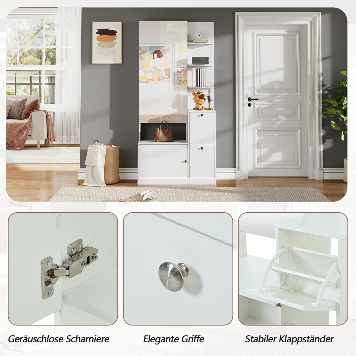 GARDEROBE-SET in Weiß Hochschrank mit Spiegel und Schuhschrank, Flur-Garderobenständer mit 5 Ablagen, B85/T40/H180cm - Weiß, Holzwerkstoff/Metall (273/87/98cm) - STILVORA