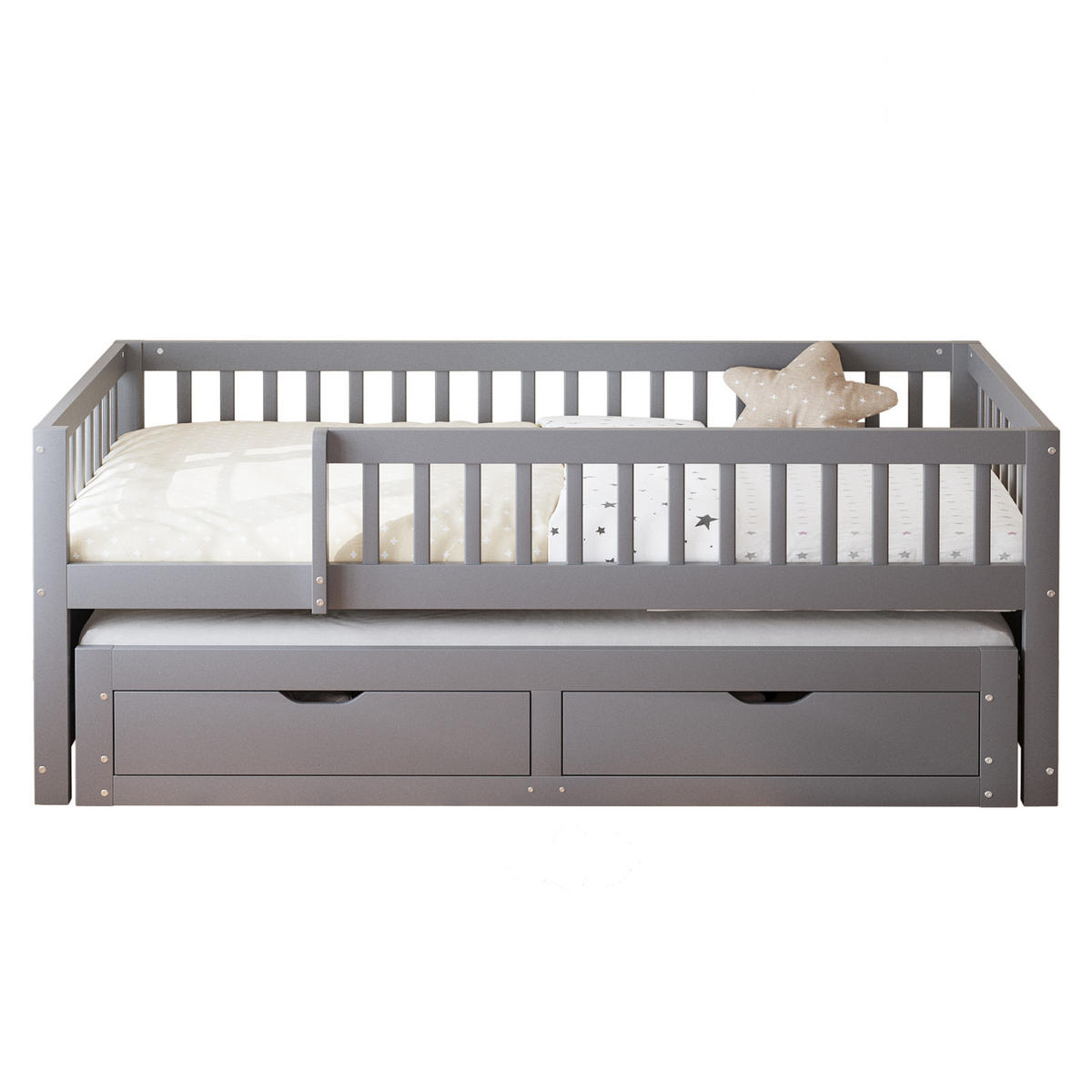SCHLAFSOFA 90/200 cm mit Ausziehbett, 2 Schubladen und Rundum-Sicherheitsgitter, Grau - Grau, Holzwerkstoff (95/77.5/205cm) - Redom