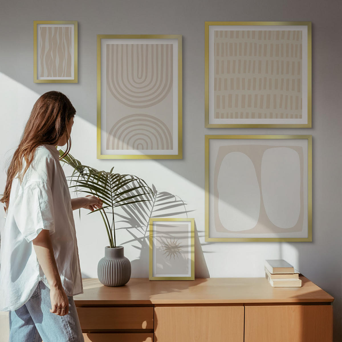 BILDER SET 5er Set - 50x50 cm & 20x30 cm & 40x60 cm Goldrahmen - Abstrakte Boho-Musterformen - Goldfarben, Kunststoff (40/60cm) - TULUP