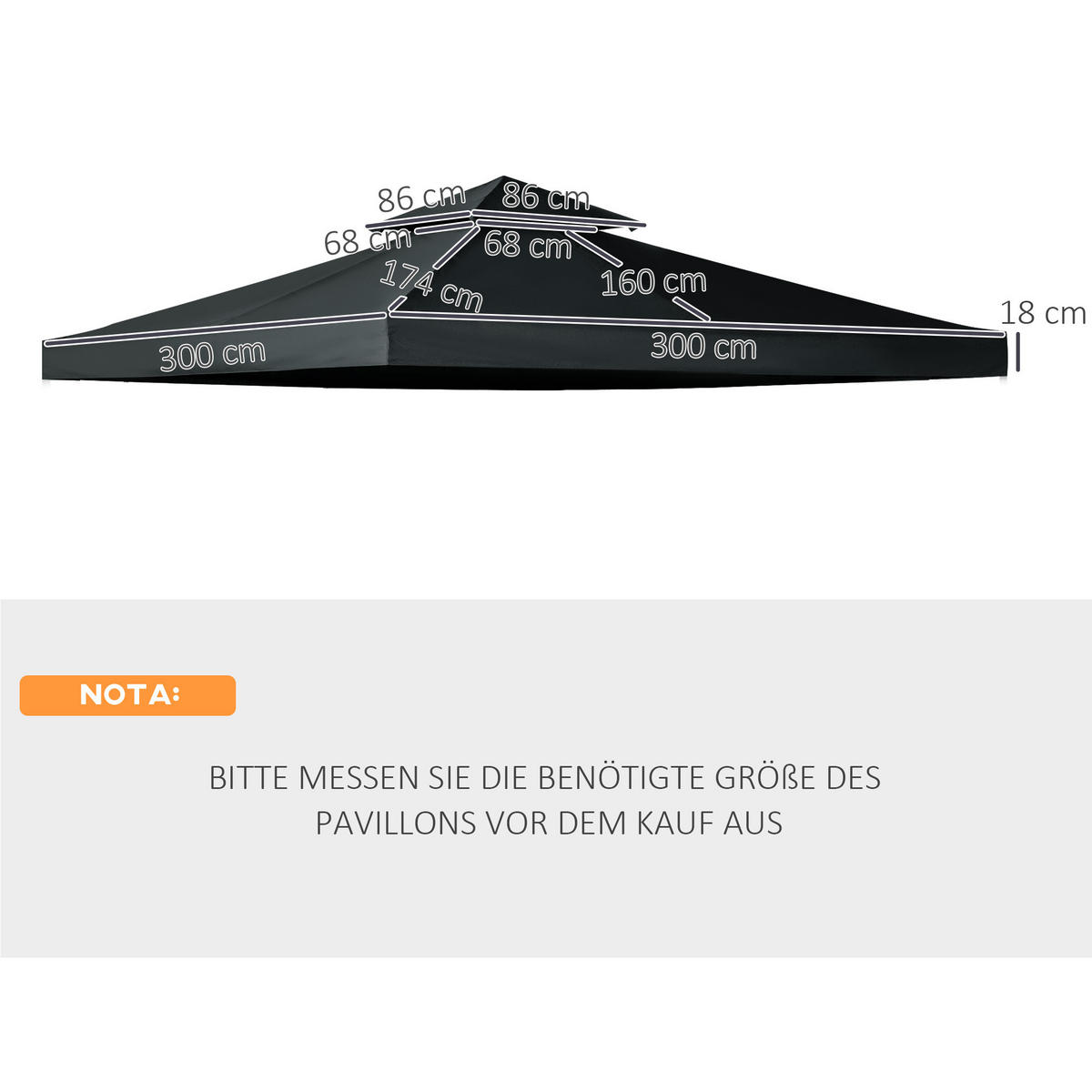 PAVILLONDACH, Polyester, Kohlegrau - Grau, Kunststoff (300/18/300cm) - Outsunny
