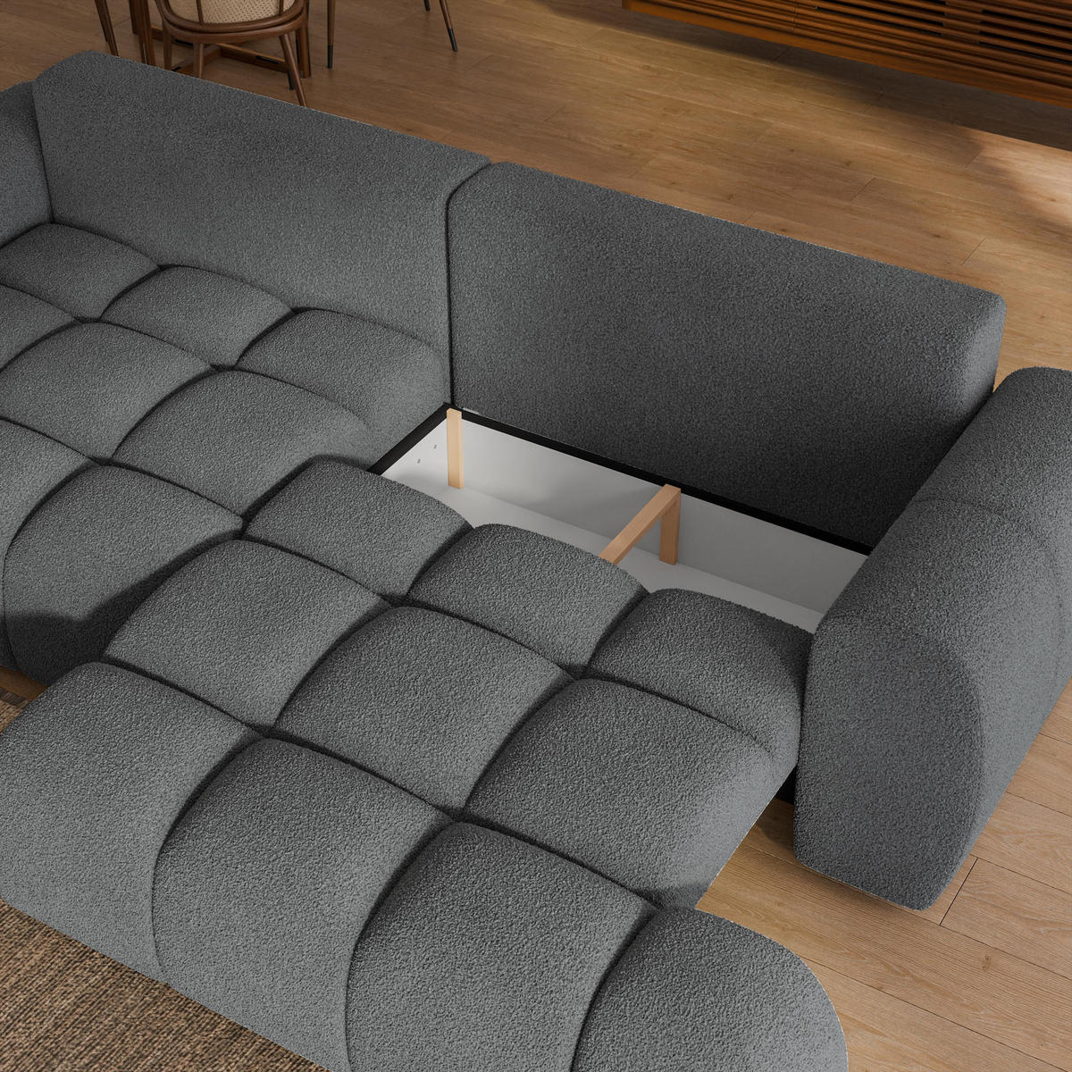 BETTSOFA DAFNE Grau Bucle-Stoff mit Schlaffunktion - Grau, Textil (300/88/113cm) - MASSENO
