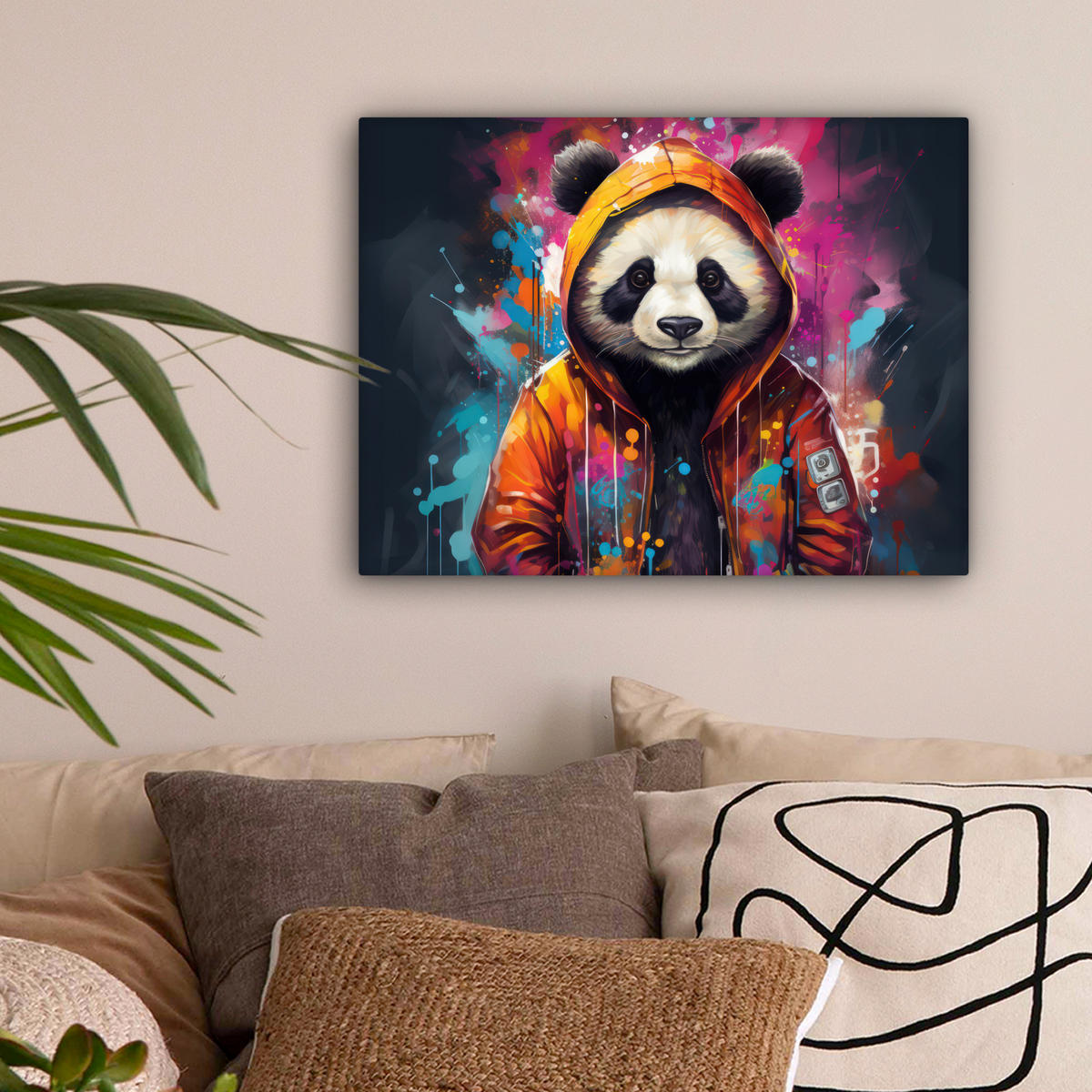 LEINWANDBILD Panda - Jacke - Graffiti - Orange Wandbild 40x30 cm - Orange, Textil (40/30cm) - MuchoWow