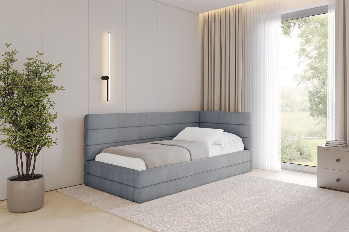 EINZELLBETT Jugendbett mit Bettkasten, Links - BEMY 90x200 Grau - Grau, Holzwerkstoff/Textil (90/200cm) - ALTDECOR