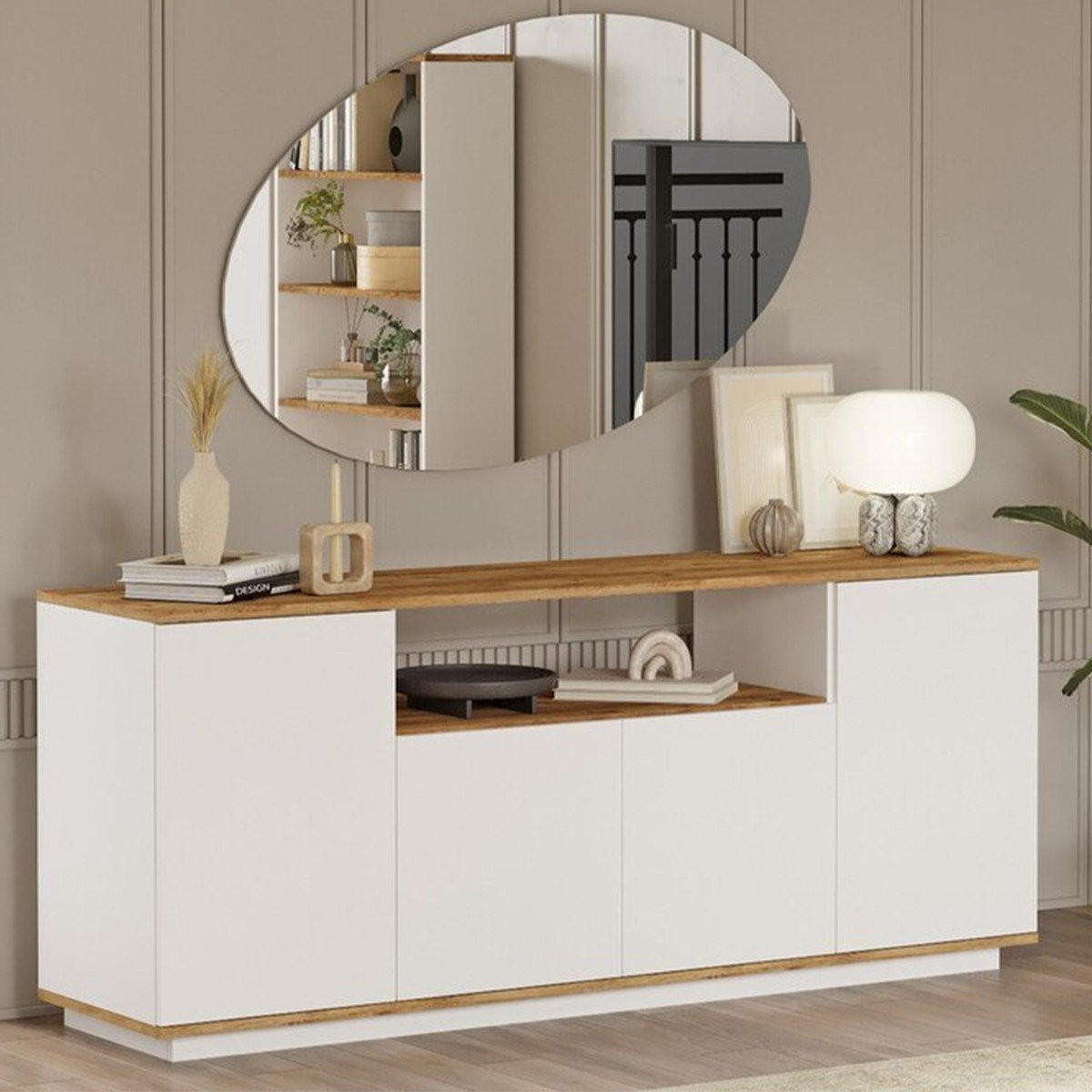 SIDEBOARD 4 Türen, 1 offenes Fach Dekor Pinienholz und Weiß B180 cm - Apfelbaumfarben, Holz/Holzwerkstoff (44.5/75/180cm) - Calicosy