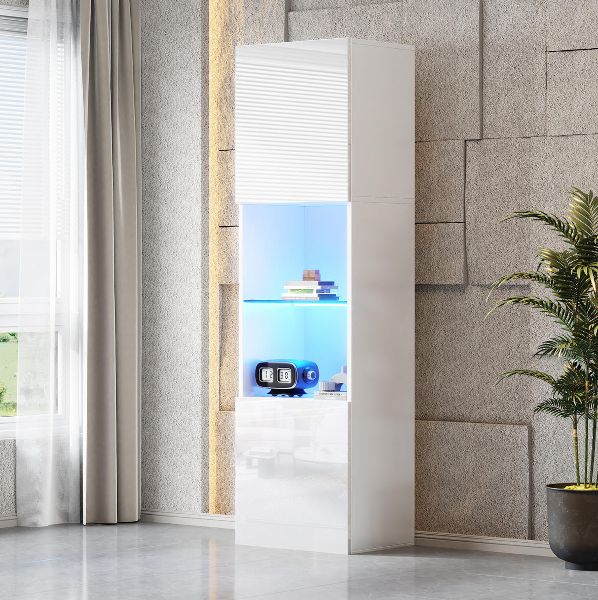 VITRINE 45/35/160 cm mit LED-Beleuchtung, gehärtetem Glas und Anti-Kipp-Sicherung, Weiß - Weiß, Holzwerkstoff (45/160/35cm) - Redom