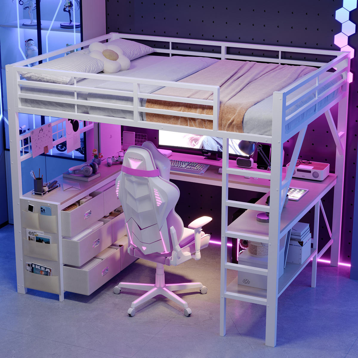 GAMING-HOCHBETT 140x200 cm in Weiß mit Schreibtisch, Schubladen und LED-Beleuchtung - Weiß, Holzwerkstoff (140/200cm) - IVMEU