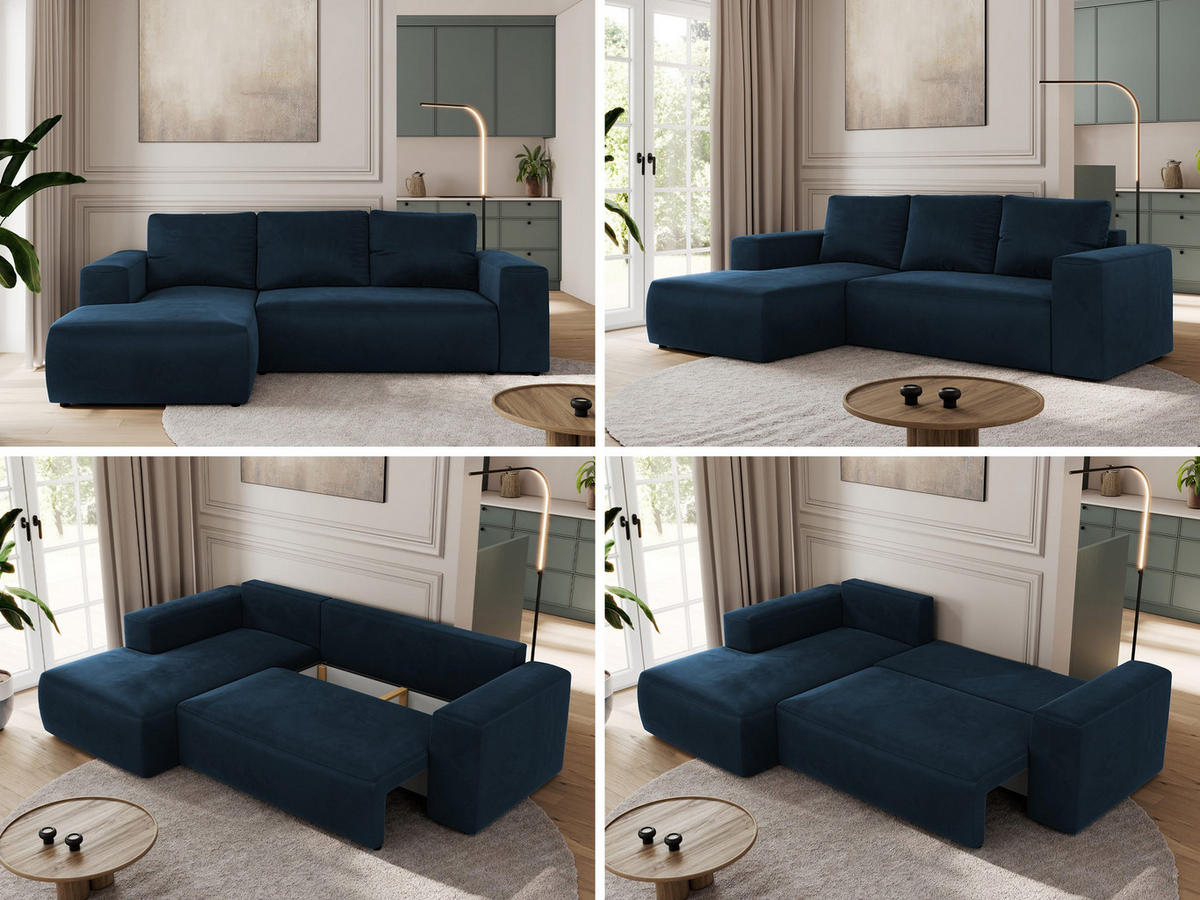 ECKSOFA TRENTINO L Dunkelblau Velvet - Links - Schwarz/Dunkelblau, Textil (266/164cm) - MKS