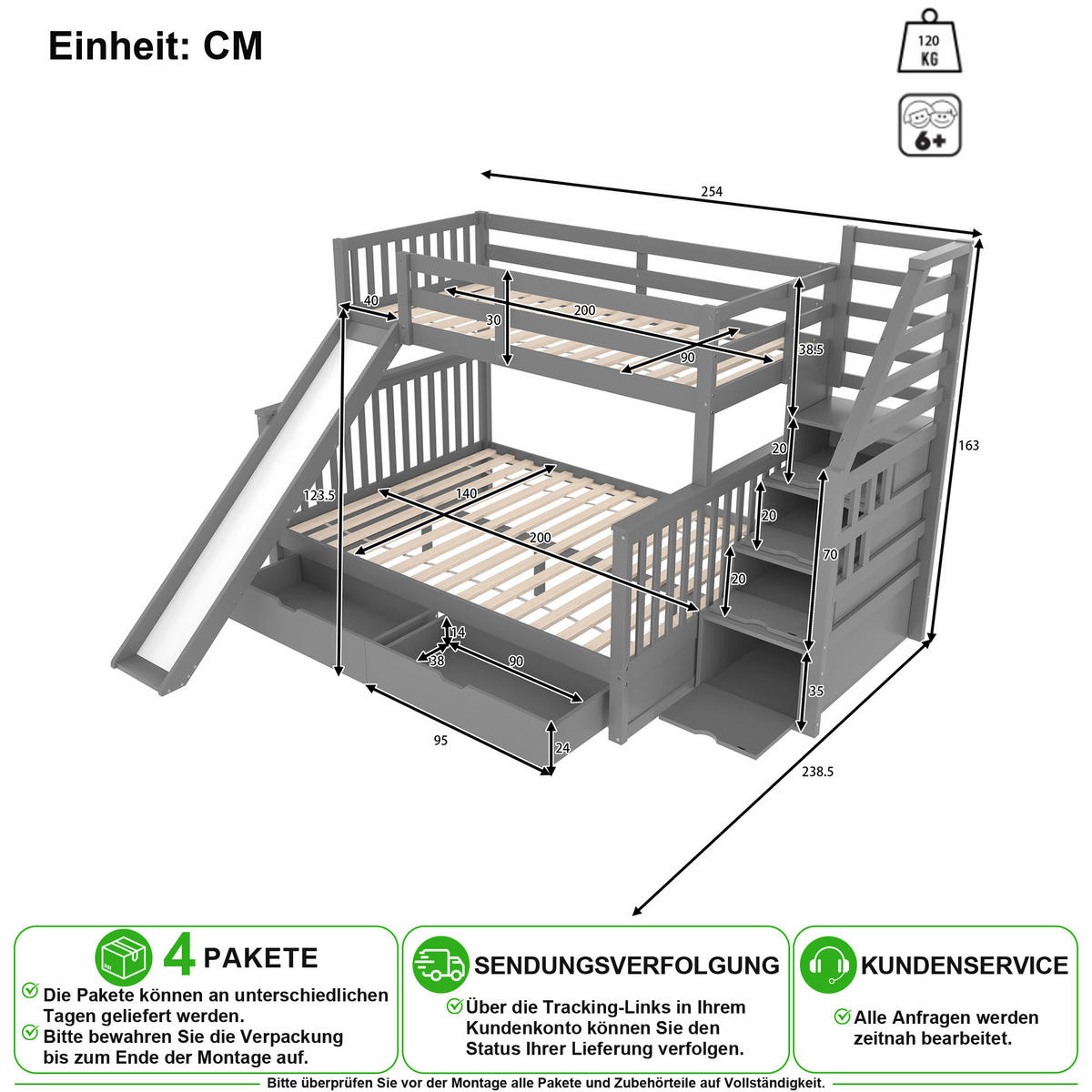 ETAGENBETT 90/200 cm & 140/200 cm in Grau mit 2 Schubladen, Stauraum und Rutsche - Grau, Holz/Holzwerkstoff (90/200cm) - CHICFURN