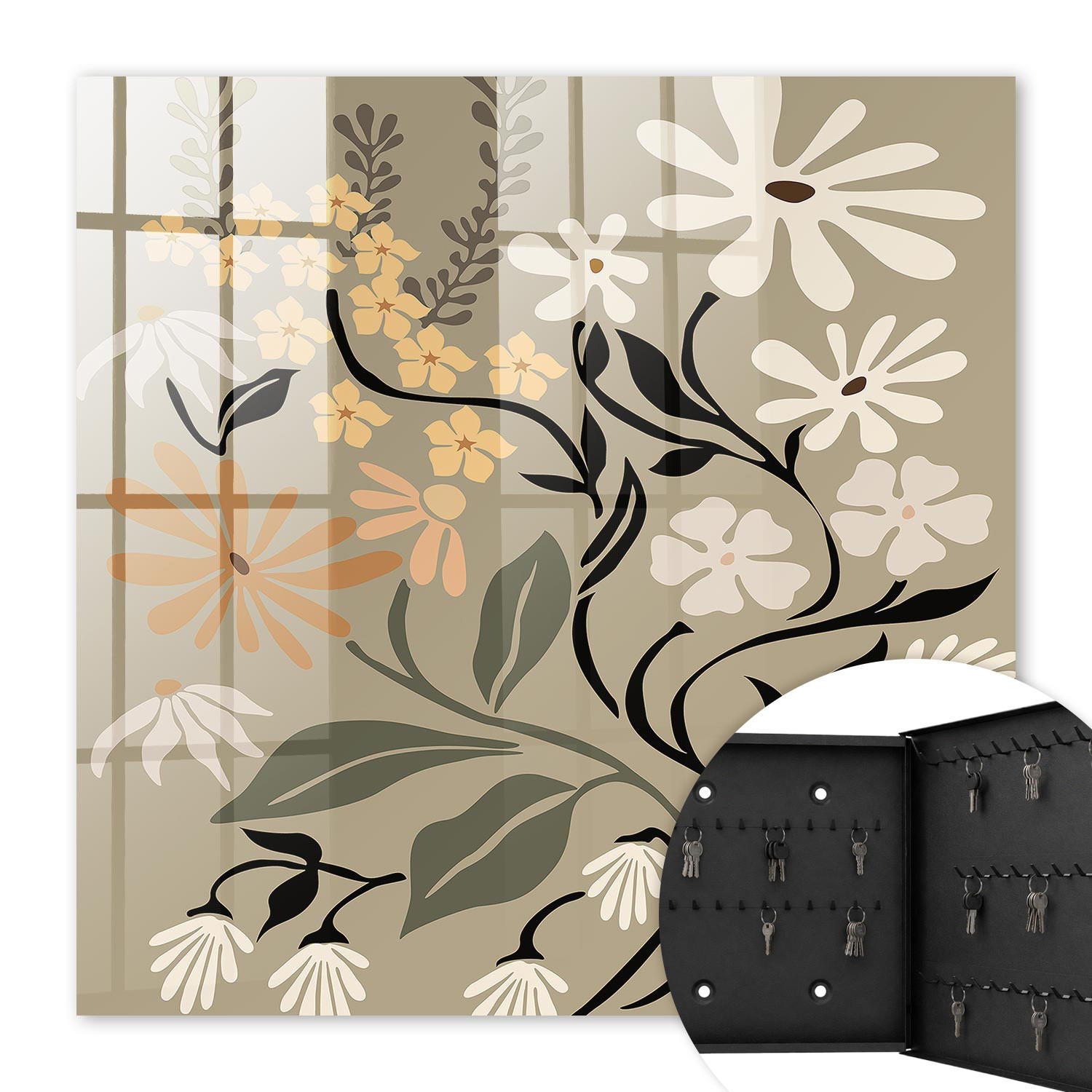 SCHLÜSSELBOX Schwarz 30x30 cm- Türöffnung nach rechts - Blumenmotiv - Beige, Metall (30/30/5cm) - TULUP