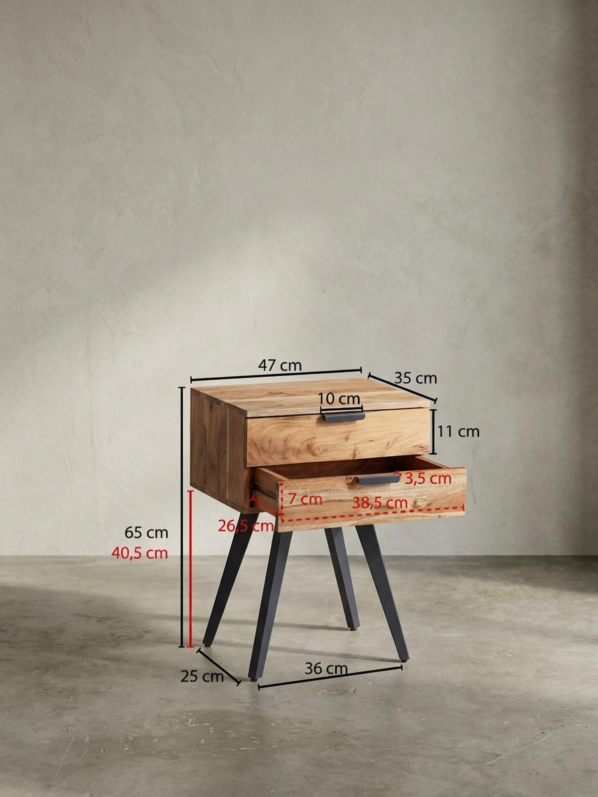 NACHTTISCH – Akazie Massivholz, Industrial-Stil, handmade, braun/grau - Beige/Anthrazit, Holz/Metall (47/65/35cm) - KADIMA DESIGN