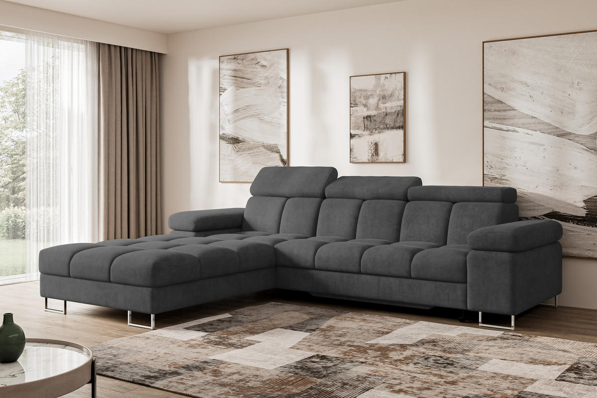 ECKSOFA mit Schlaffunktion Ottomane Links COMA L 271x203x79 Dunkelgrau Velours - Dunkelgrau, Holzwerkstoff/Textil (271/203cm) - ALTDECOR
