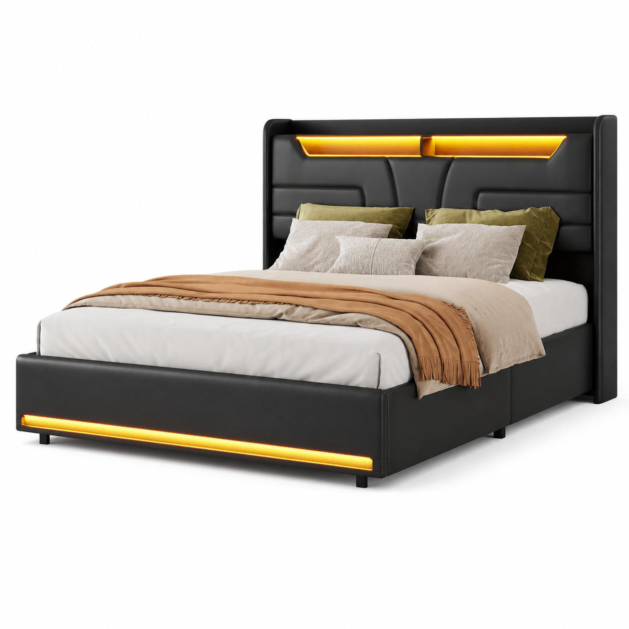 POLSTERBETT 140/200 cm mit LED‑Beleuchtung & USB‑Ladestation, modernes Bett mit Stauraum‑Kopfteil, schwarzes Kunstlederbett für Schlafzimmer - Schwarz, Holz/Metall (140/200cm) - Joyfair