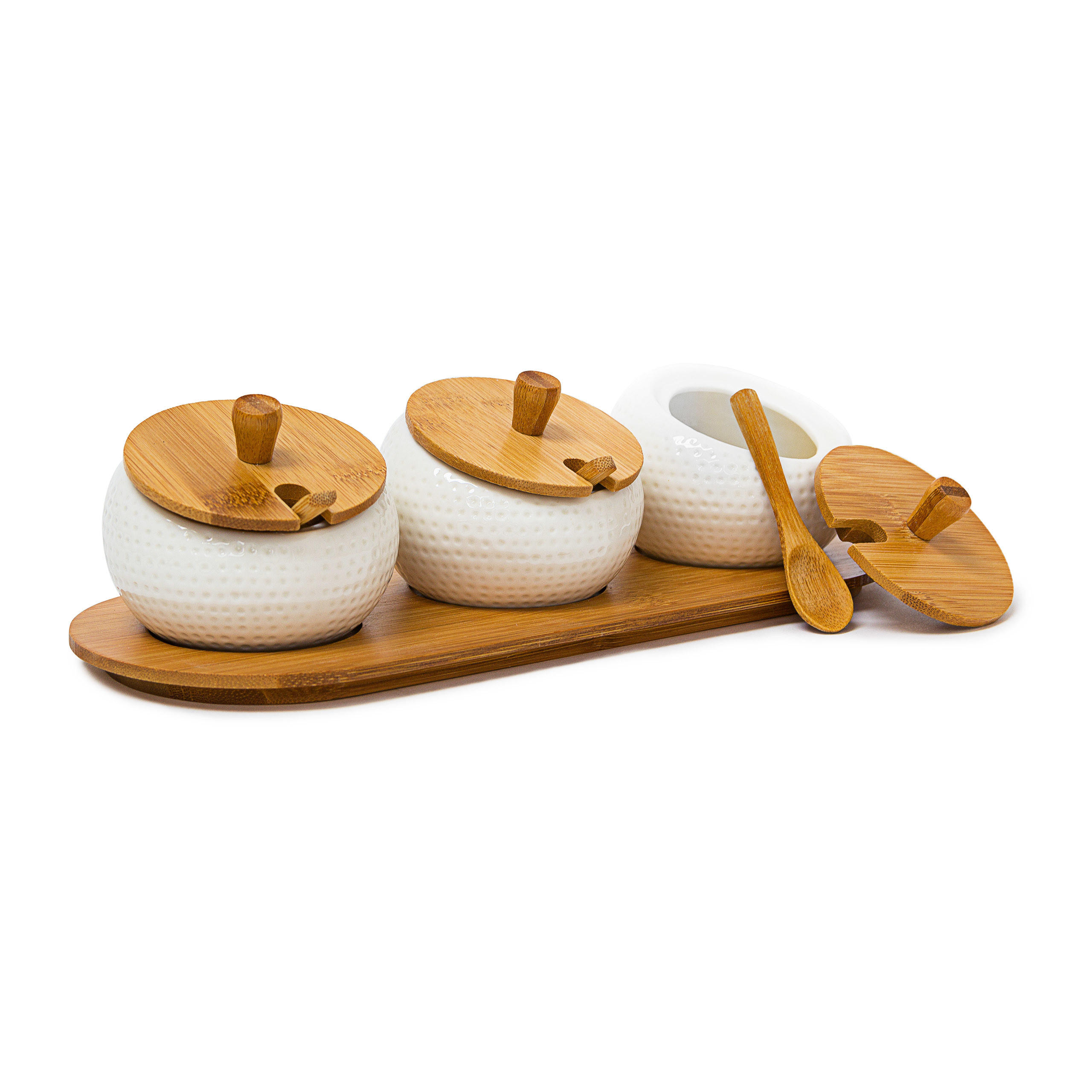 Relaxdays STOJAN NA KOŘENÍ Přírodní Bílá se 3 dózami Bambus Keramika 30,5 cm