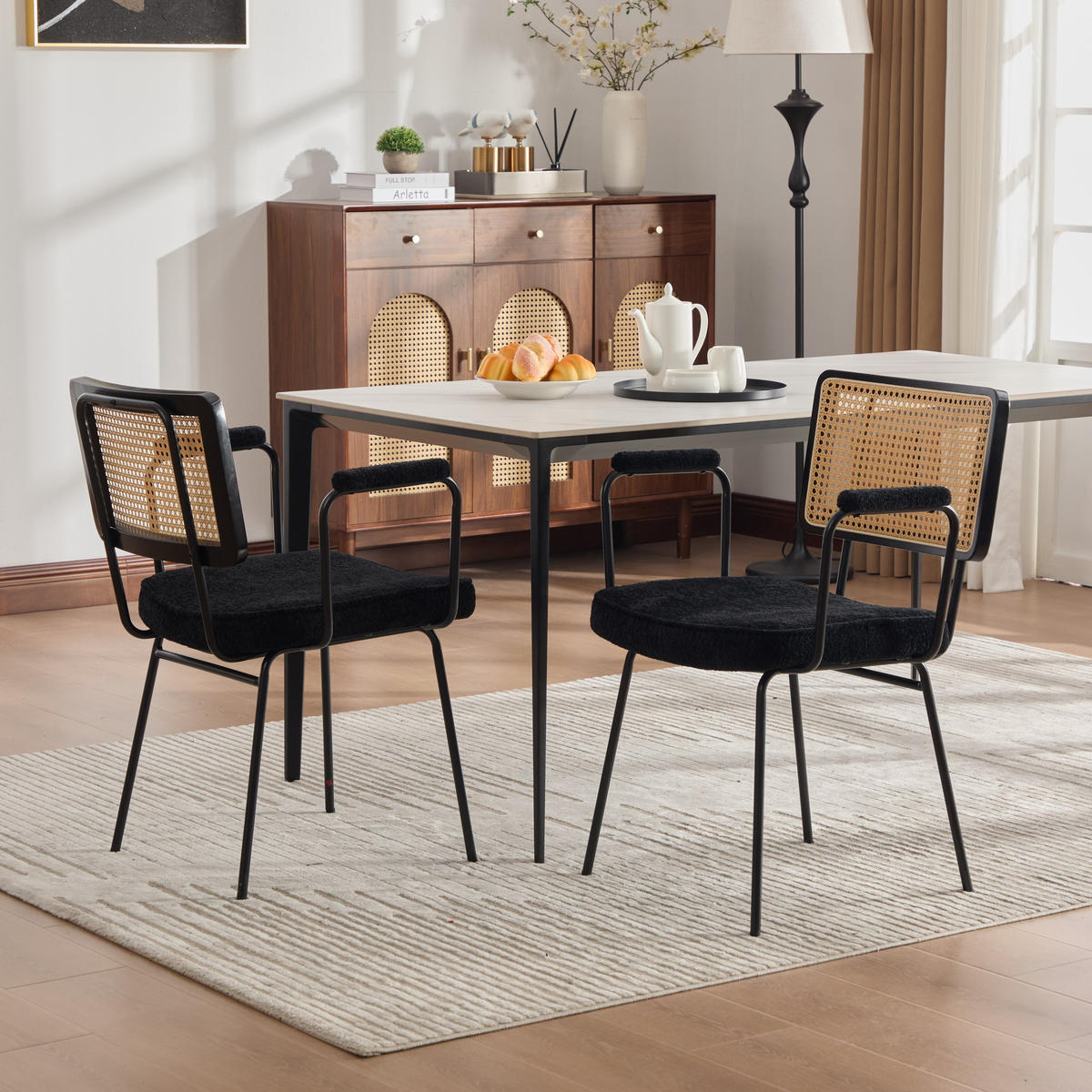 ARMLEHNSTUHL-SET DE-36881 2 Stück mit Chenille-Polsterung und Rattan-Optik Schwarz - Schwarz, Metall (58/82/62.5cm) - ComfortXL